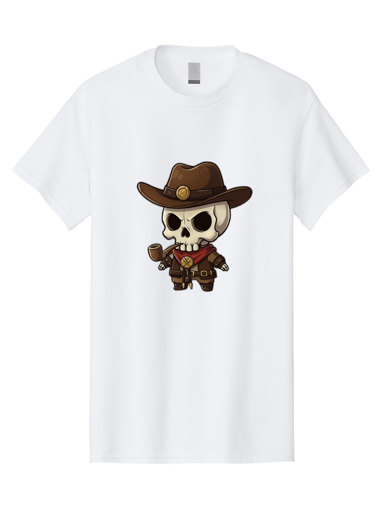 Cowboy-Skeleton Men'S Graphic Tee, 100% Cotton, Comfortable Casual Summer Wear, Machine Washable, Cartoon Skeleton, Cowboy Hat, Smoking Pipe, Western Attire, Red Bandana, Gold Accents, Brown Leather, Spooky Character, Western Theme, Bac924