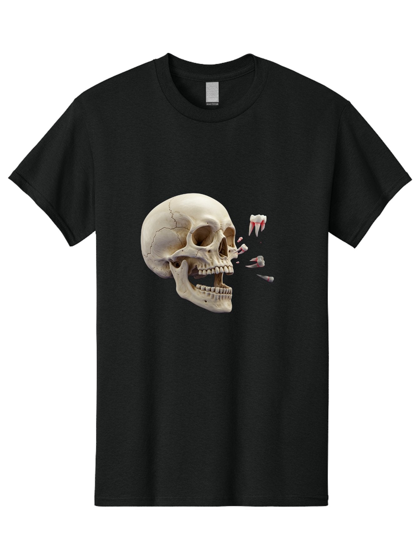 Cracked-Skull-1 Men'S Graphic Tee, 100% Cotton, Comfortable Casual Summer Wear, Machine Washable, Human Skull, Broken Jaw, Shattered Teeth, Dental Anatomy, Forensic Science, Medical Illustration, Skeleton Head, Jawbone Fracture, Bac926
