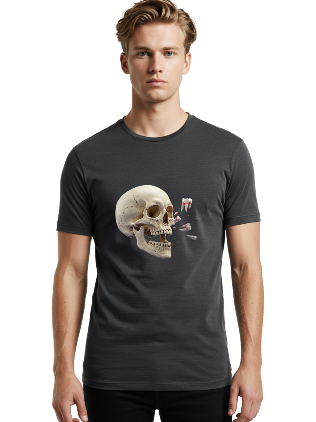 Cracked-Skull-1 Men'S Graphic Tee, 100% Cotton, Comfortable Casual Summer Wear, Machine Washable, Human Skull, Broken Jaw, Shattered Teeth, Dental Anatomy, Forensic Science, Medical Illustration, Skeleton Head, Jawbone Fracture, Bac926 29