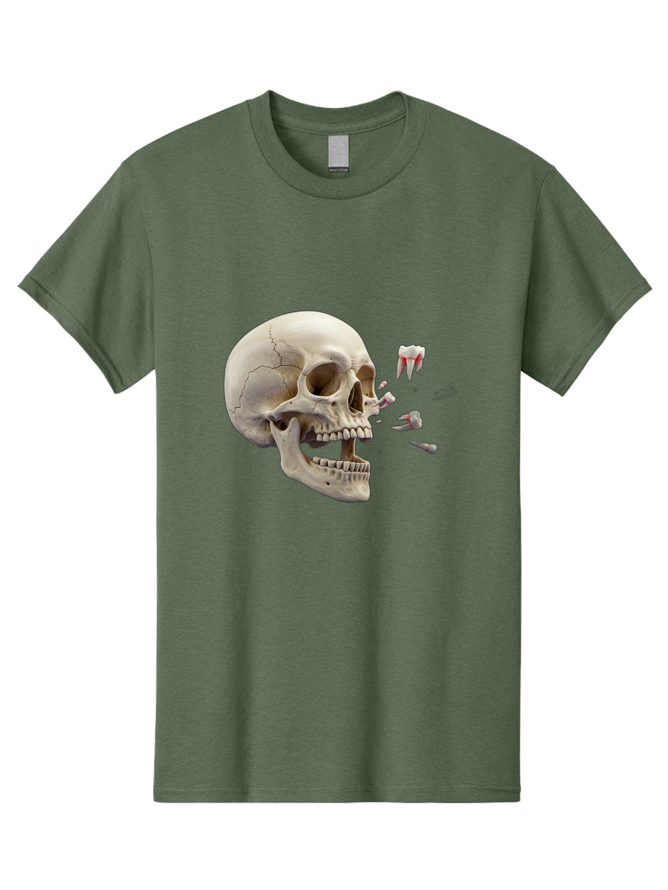Cracked-Skull-1 Men'S Graphic Tee, 100% Cotton, Comfortable Casual Summer Wear, Machine Washable, Human Skull, Broken Jaw, Shattered Teeth, Dental Anatomy, Forensic Science, Medical Illustration, Skeleton Head, Jawbone Fracture, Bac926