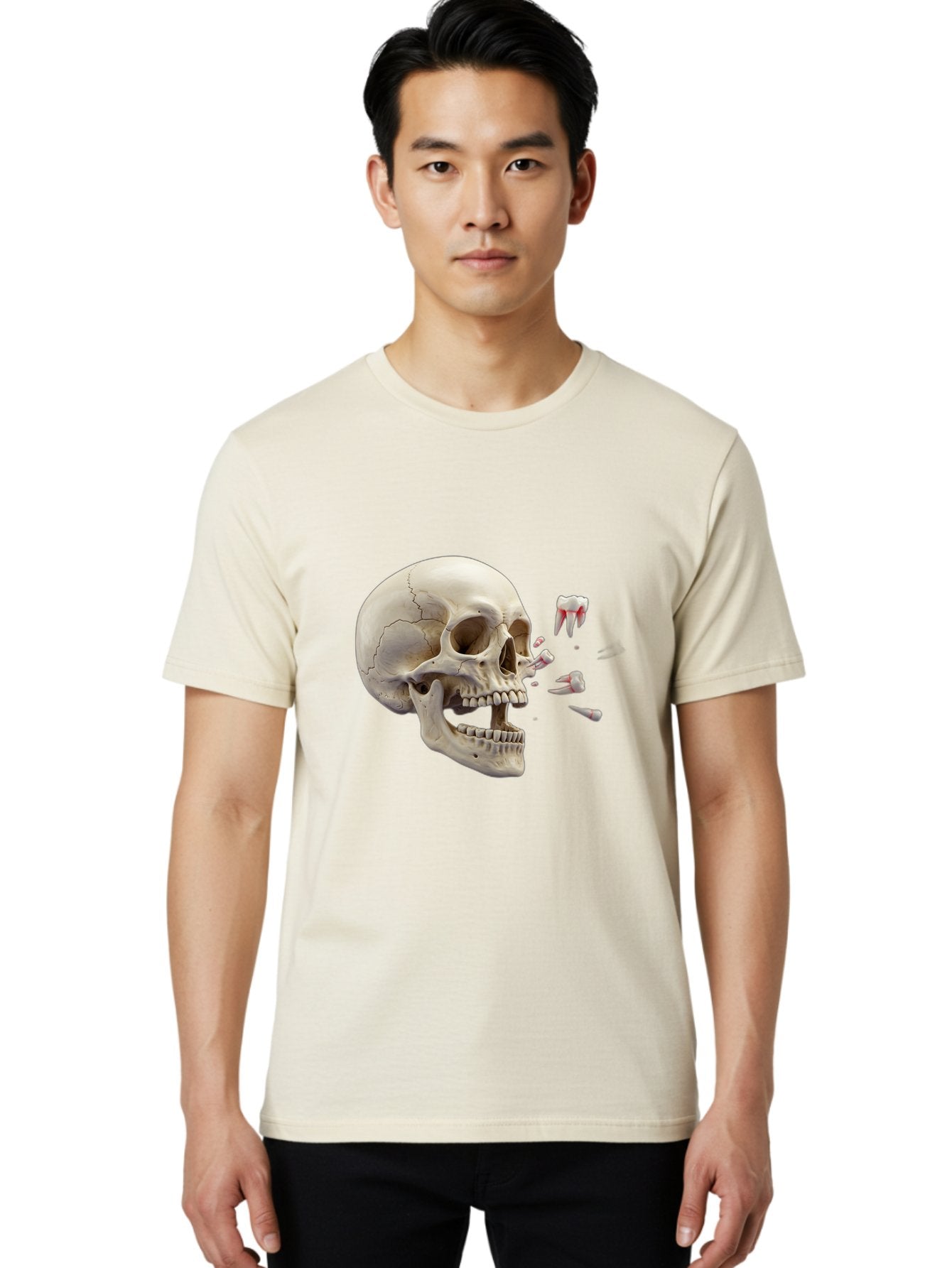 Cracked-Skull-1 Men'S Graphic Tee, 100% Cotton, Comfortable Casual Summer Wear, Machine Washable, Human Skull, Broken Jaw, Shattered Teeth, Dental Anatomy, Forensic Science, Medical Illustration, Skeleton Head, Jawbone Fracture, Bac926 24