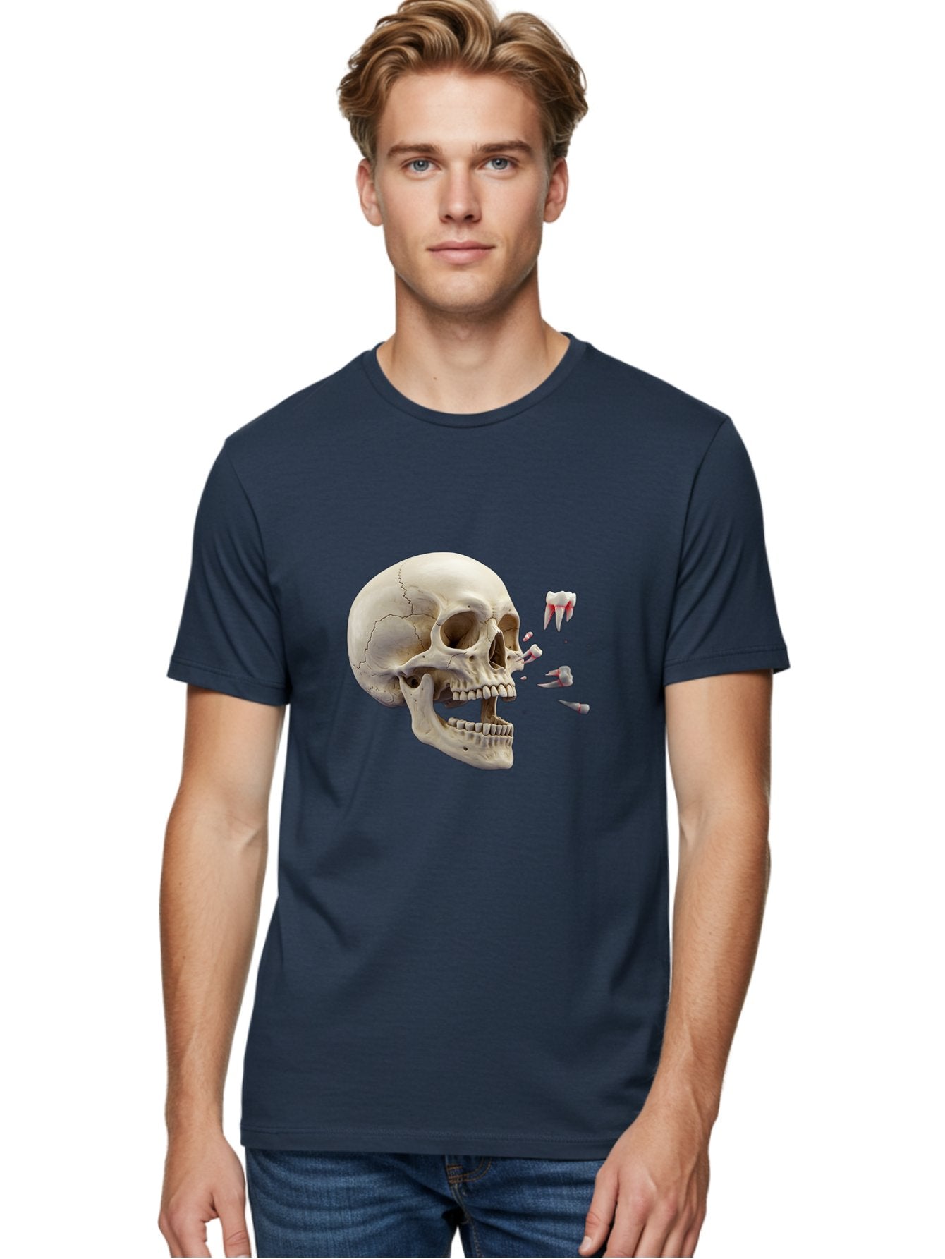 Cracked-Skull-1 Men'S Graphic Tee, 100% Cotton, Comfortable Casual Summer Wear, Machine Washable, Human Skull, Broken Jaw, Shattered Teeth, Dental Anatomy, Forensic Science, Medical Illustration, Skeleton Head, Jawbone Fracture, Bac926 30