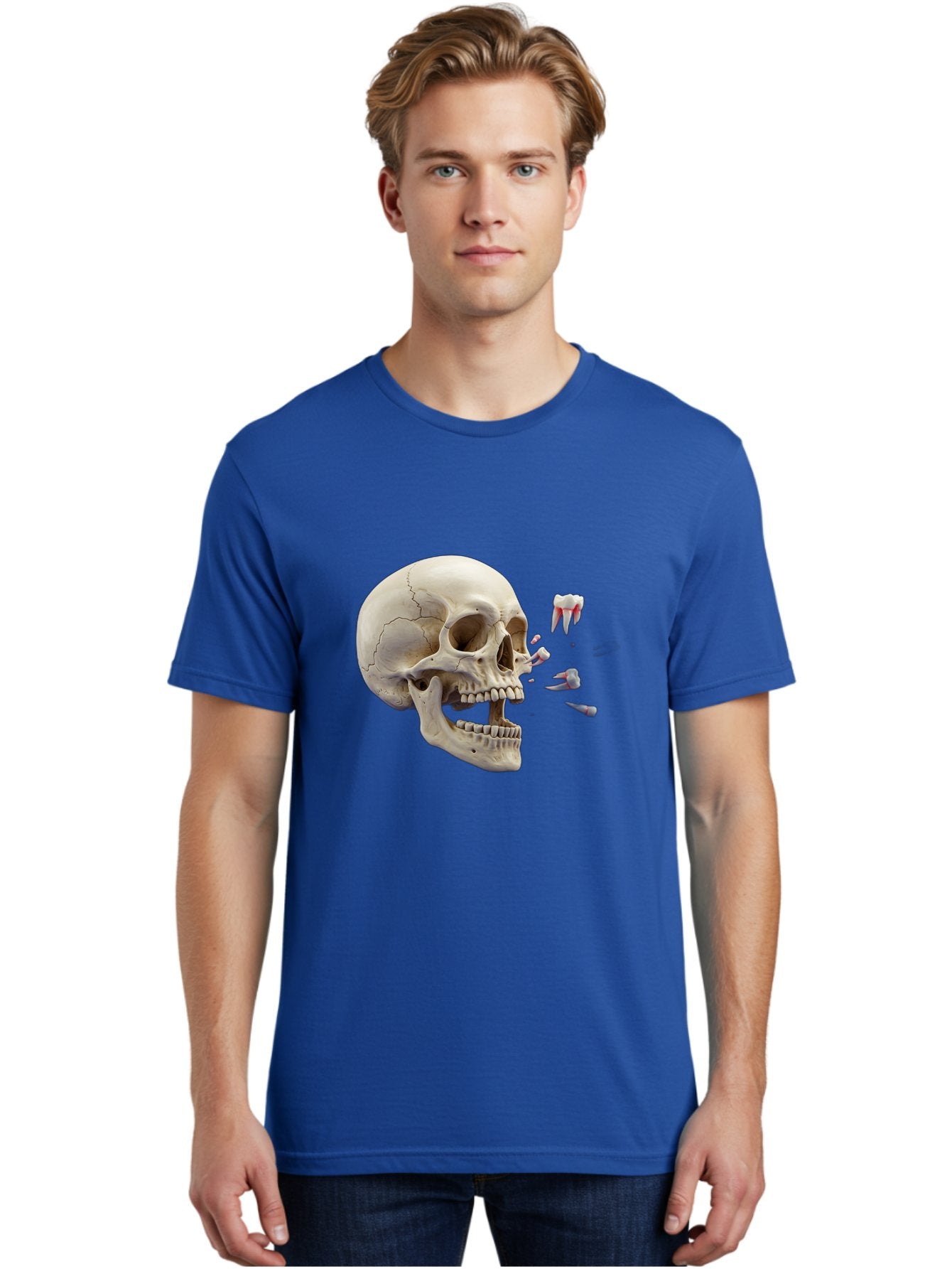 Cracked-Skull-1 Men'S Graphic Tee, 100% Cotton, Comfortable Casual Summer Wear, Machine Washable, Human Skull, Broken Jaw, Shattered Teeth, Dental Anatomy, Forensic Science, Medical Illustration, Skeleton Head, Jawbone Fracture, Bac926 23