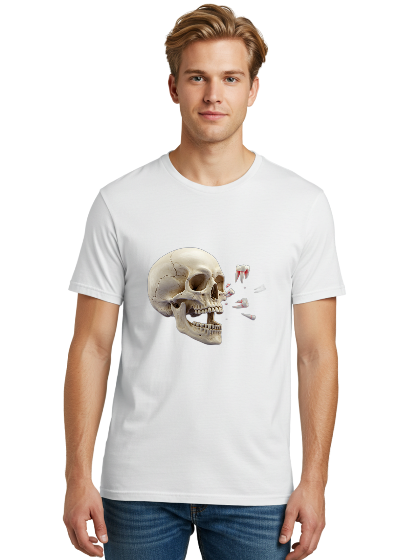 Cracked-Skull-1 Men'S Graphic Tee, 100% Cotton, Comfortable Casual Summer Wear, Machine Washable, Human Skull, Broken Jaw, Shattered Teeth, Dental Anatomy, Forensic Science, Medical Illustration, Skeleton Head, Jawbone Fracture, Bac926 19