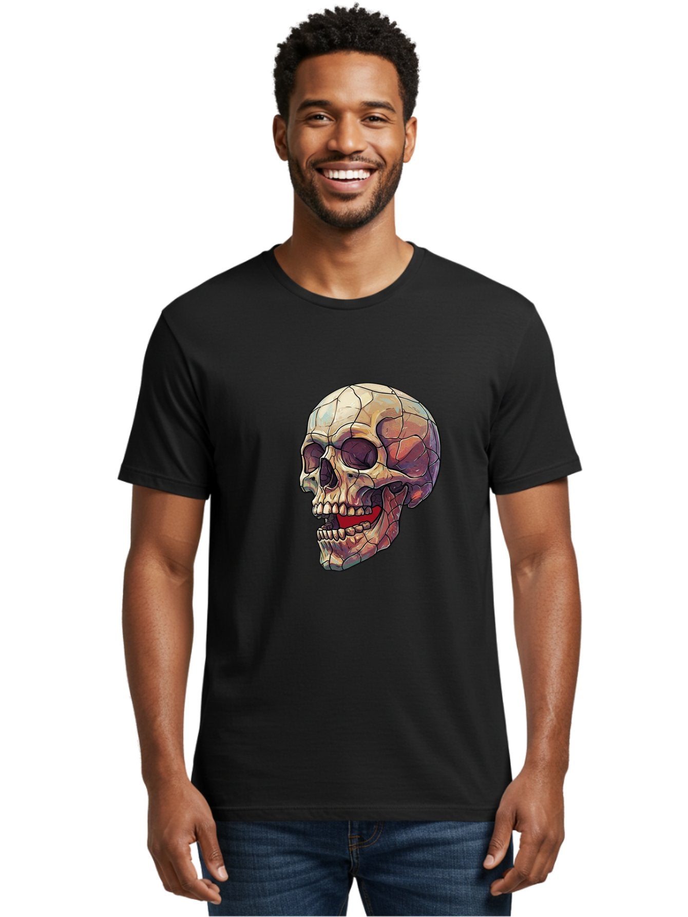 Cracked-Skull Men'S Graphic Tee, 100% Cotton, Comfortable Casual Summer Wear, Machine Washable, Human Skull, Cracked Bones, Red Tongue, Dental Anatomy, Skull Art, Gothic Illustration, Vibrant Colors, Bold Graphics Bac928 26