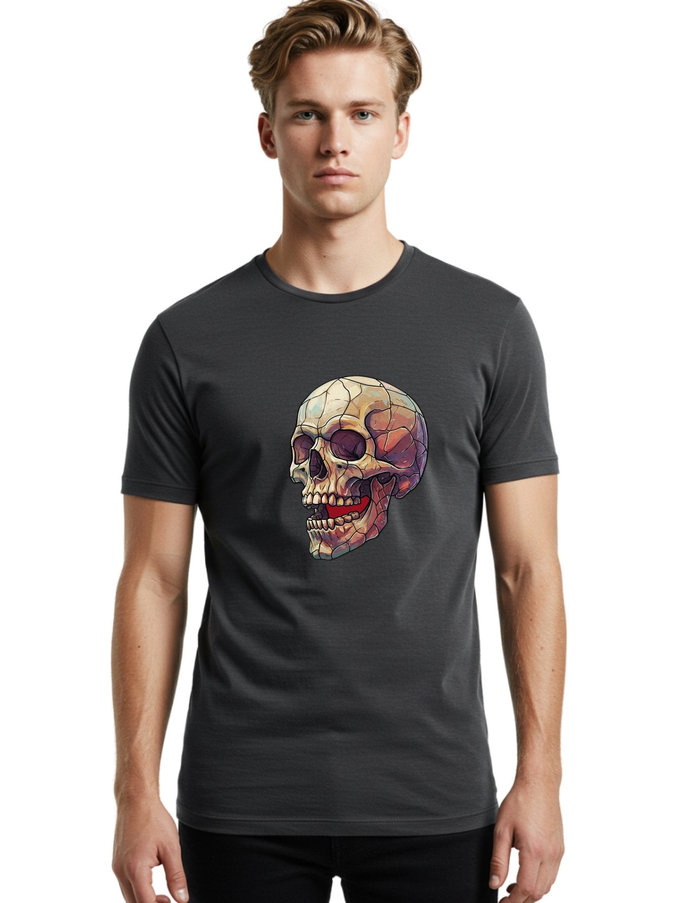 Cracked-Skull Men'S Graphic Tee, 100% Cotton, Comfortable Casual Summer Wear, Machine Washable, Human Skull, Cracked Bones, Red Tongue, Dental Anatomy, Skull Art, Gothic Illustration, Vibrant Colors, Bold Graphics Bac928 27
