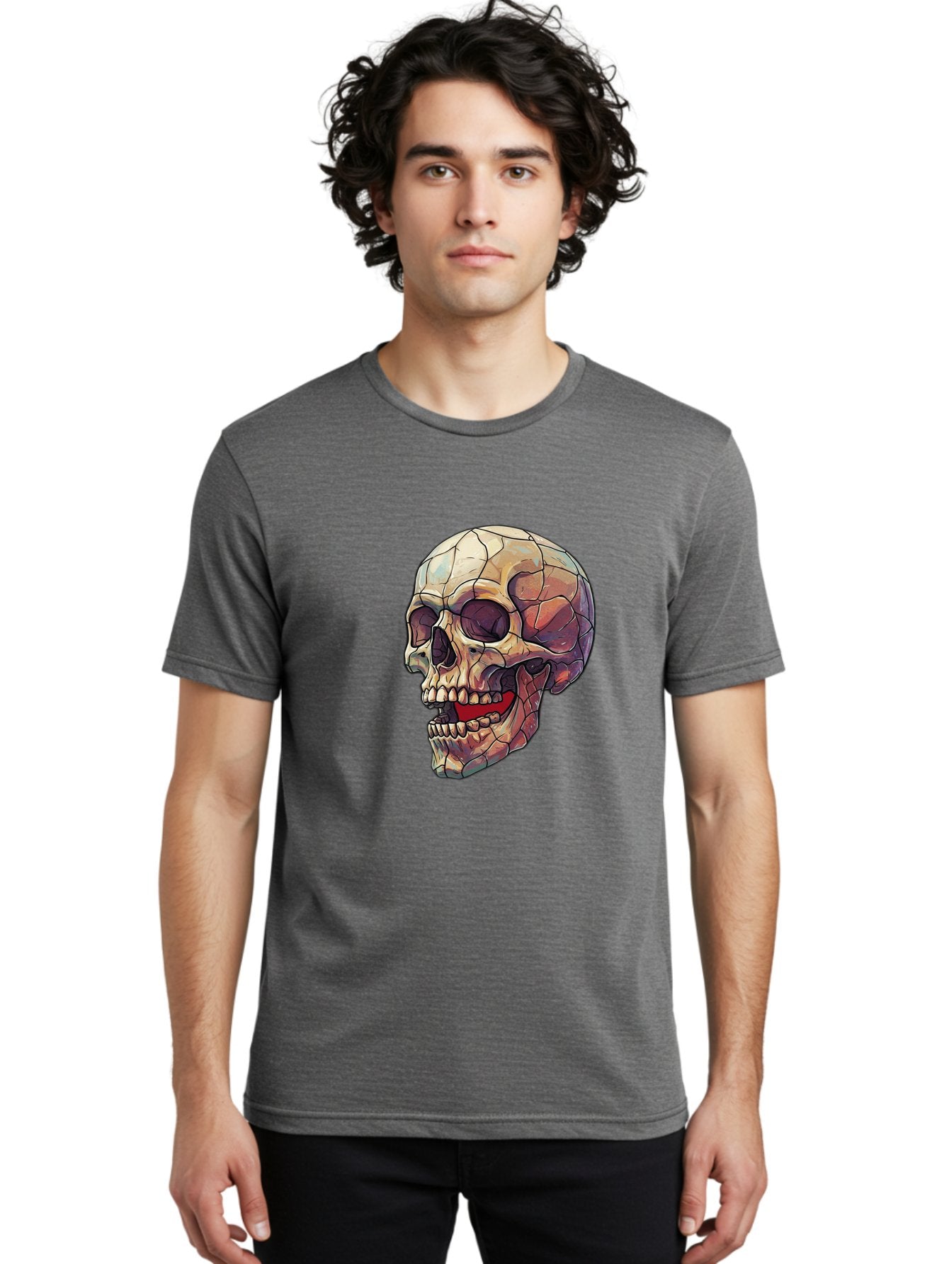 Cracked-Skull Men'S Graphic Tee, 100% Cotton, Comfortable Casual Summer Wear, Machine Washable, Human Skull, Cracked Bones, Red Tongue, Dental Anatomy, Skull Art, Gothic Illustration, Vibrant Colors, Bold Graphics Bac928 25