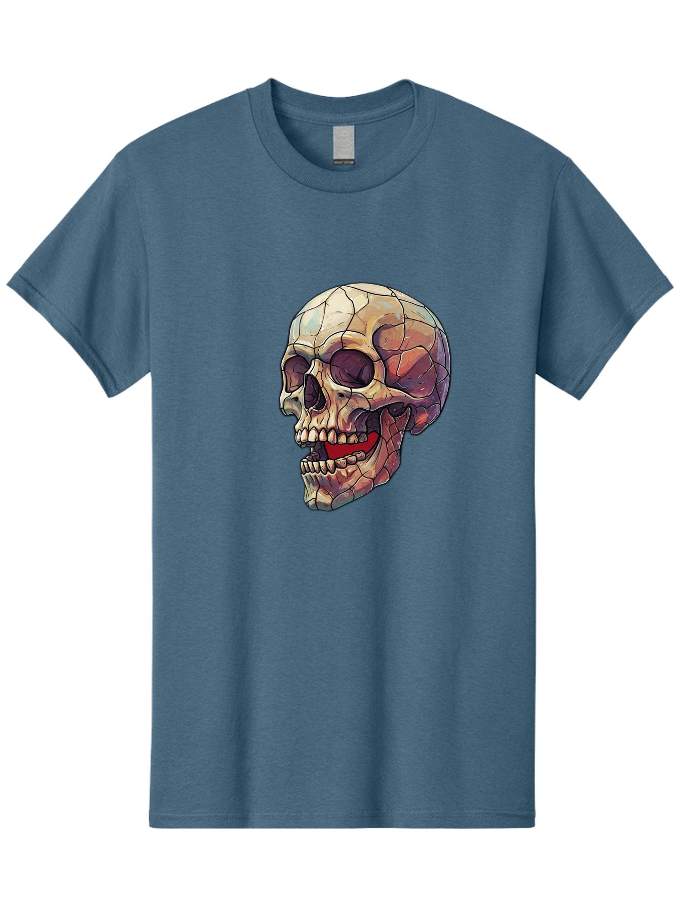Cracked-Skull Men'S Graphic Tee, 100% Cotton, Comfortable Casual Summer Wear, Machine Washable, Human Skull, Cracked Bones, Red Tongue, Dental Anatomy, Skull Art, Gothic Illustration, Vibrant Colors, Bold Graphics Bac928