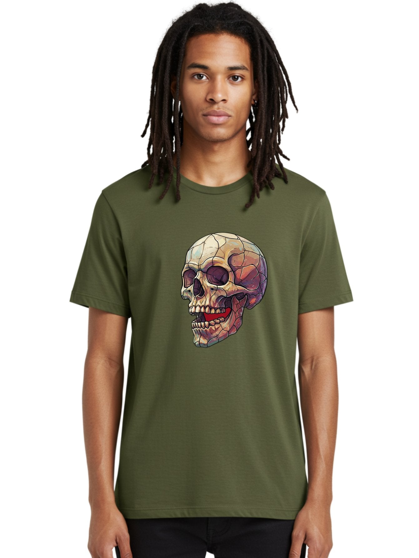 Cracked-Skull Men'S Graphic Tee, 100% Cotton, Comfortable Casual Summer Wear, Machine Washable, Human Skull, Cracked Bones, Red Tongue, Dental Anatomy, Skull Art, Gothic Illustration, Vibrant Colors, Bold Graphics Bac928 23