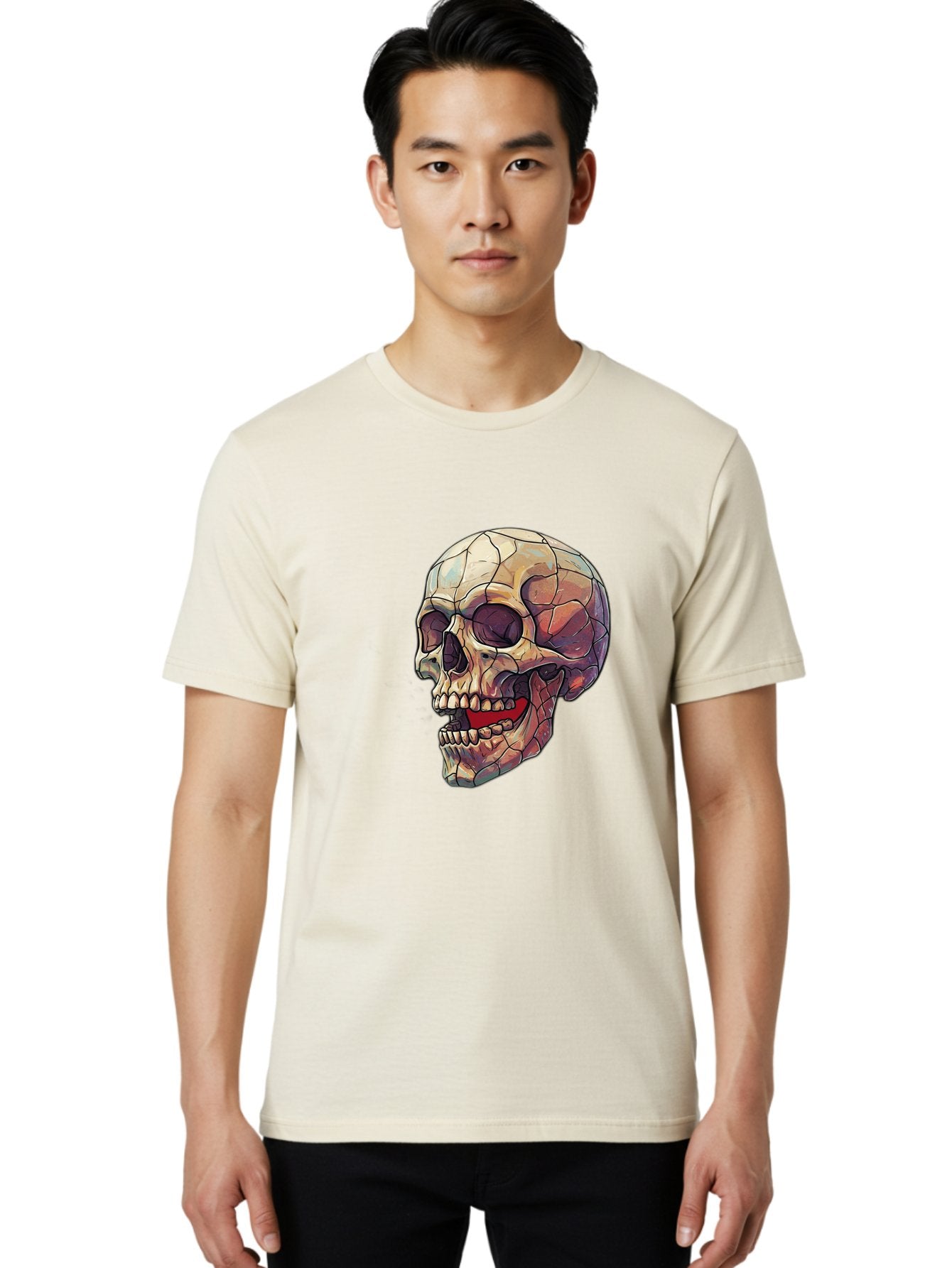 Cracked-Skull Men'S Graphic Tee, 100% Cotton, Comfortable Casual Summer Wear, Machine Washable, Human Skull, Cracked Bones, Red Tongue, Dental Anatomy, Skull Art, Gothic Illustration, Vibrant Colors, Bold Graphics Bac928 21