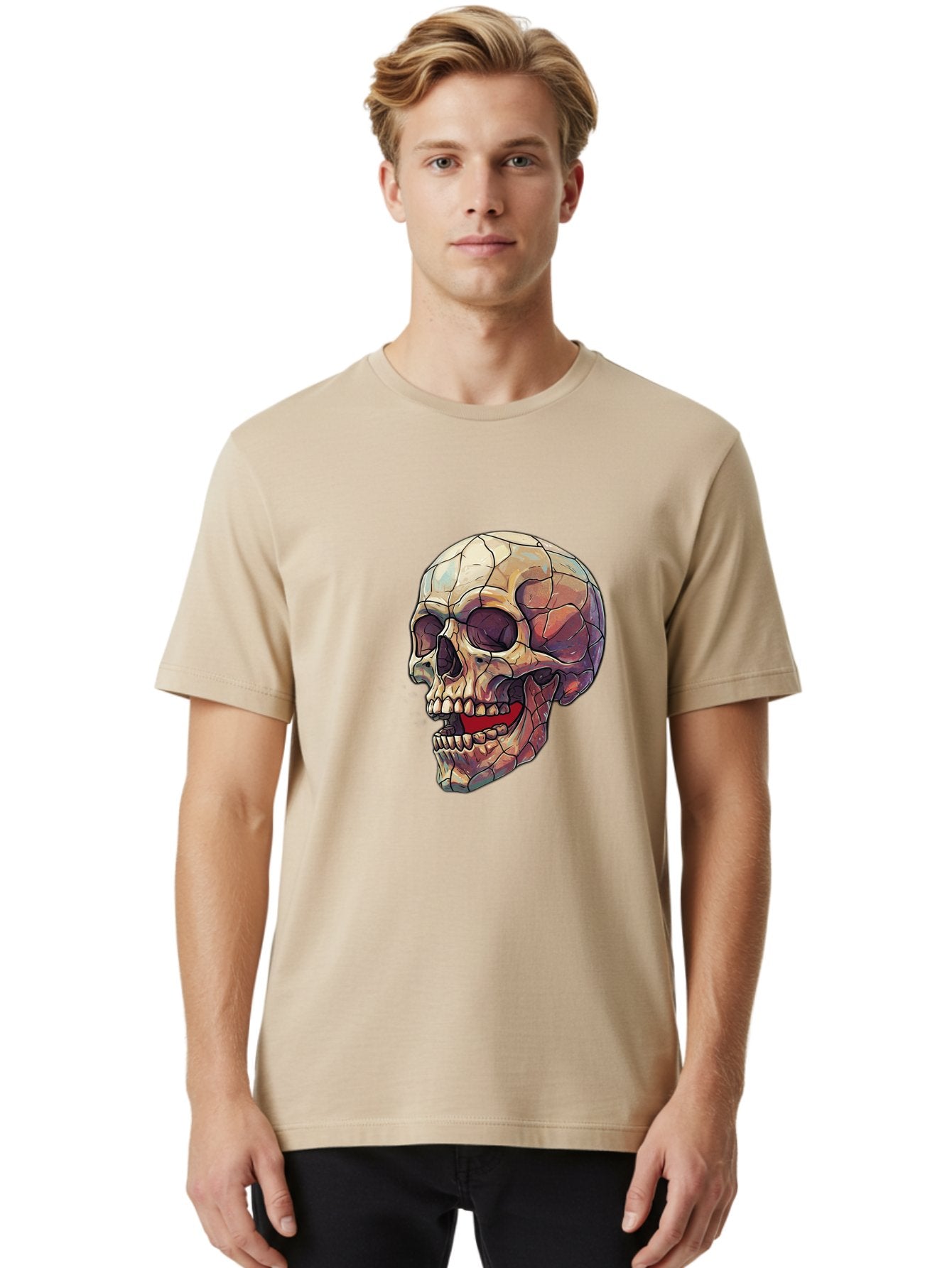 Cracked-Skull Men'S Graphic Tee, 100% Cotton, Comfortable Casual Summer Wear, Machine Washable, Human Skull, Cracked Bones, Red Tongue, Dental Anatomy, Skull Art, Gothic Illustration, Vibrant Colors, Bold Graphics Bac928 30
