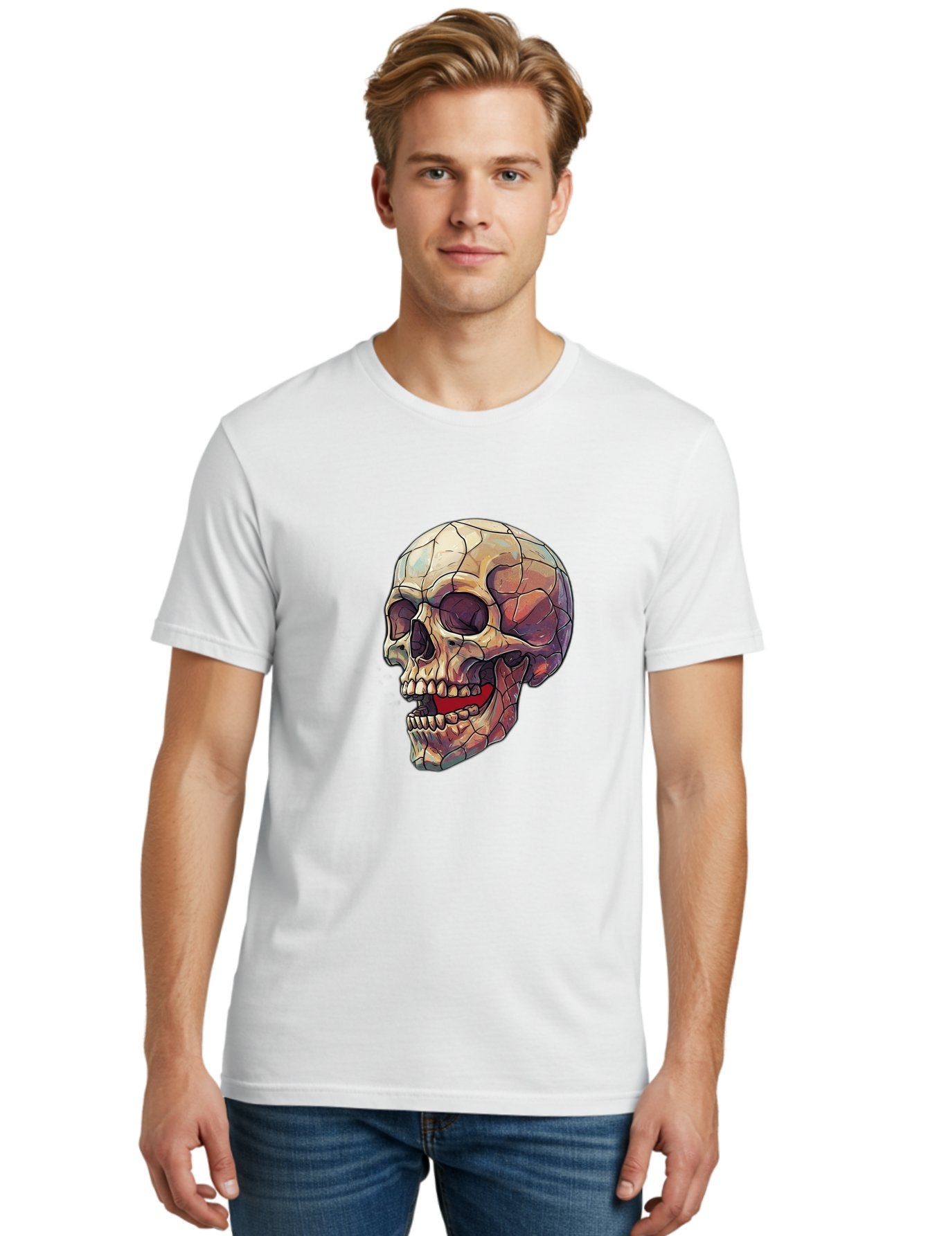 Cracked-Skull Men'S Graphic Tee, 100% Cotton, Comfortable Casual Summer Wear, Machine Washable, Human Skull, Cracked Bones, Red Tongue, Dental Anatomy, Skull Art, Gothic Illustration, Vibrant Colors, Bold Graphics Bac928 20
