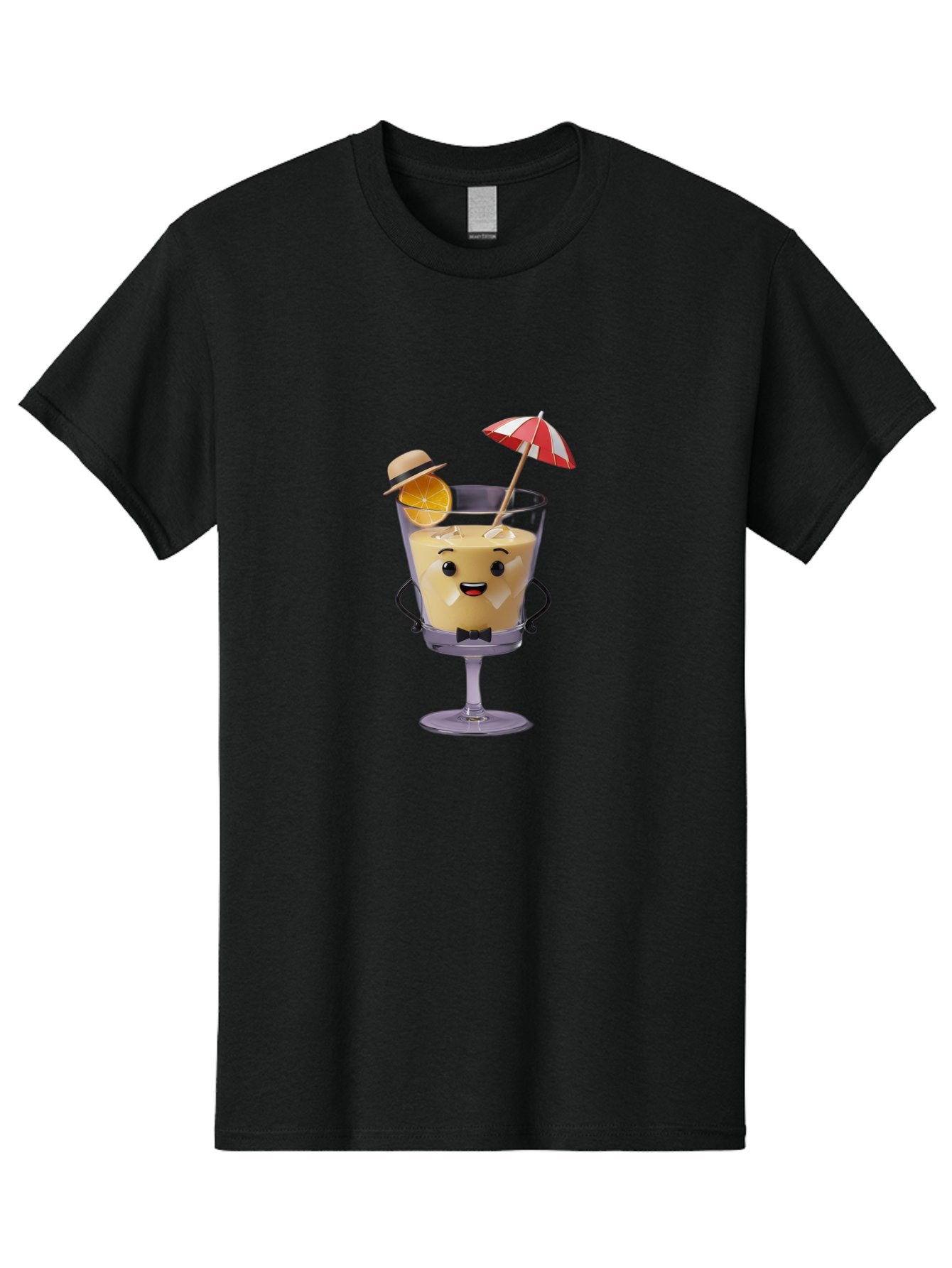 Creamy-Cocktail Men'S Graphic Tee, 100% Cotton, Comfortable Casual Summer Wear, Machine Washable, Fun Cocktail, Orange Slice, Red And White Umbrella, Beige Hat, Smiling Face, Bow Tie, Summer Drink, Refreshing Beverage Bac929 13