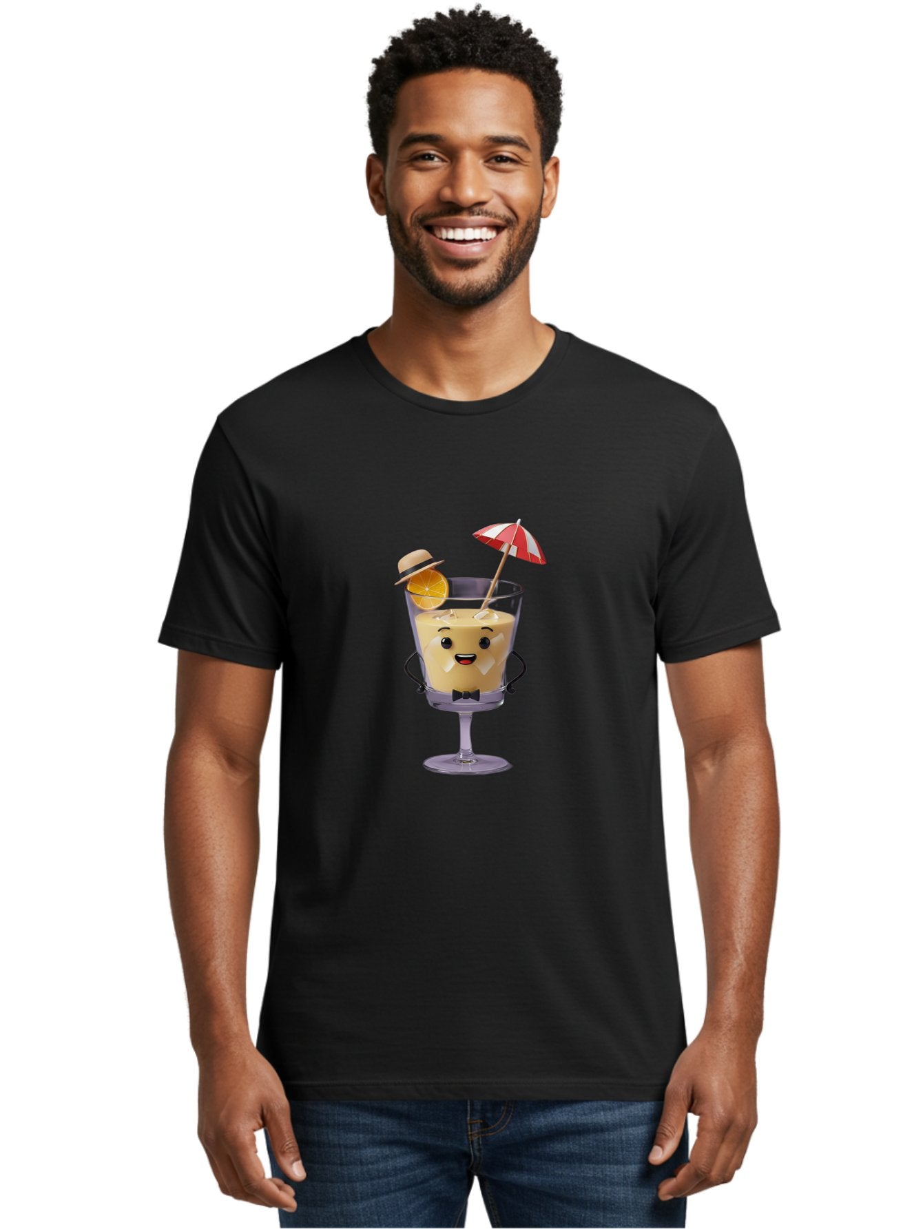 Creamy-Cocktail Men'S Graphic Tee, 100% Cotton, Comfortable Casual Summer Wear, Machine Washable, Fun Cocktail, Orange Slice, Red And White Umbrella, Beige Hat, Smiling Face, Bow Tie, Summer Drink, Refreshing Beverage Bac929 20
