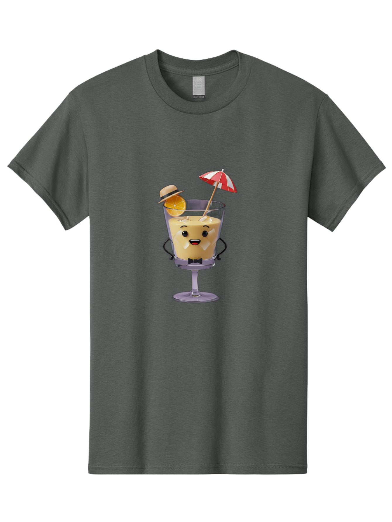 Creamy-Cocktail Men'S Graphic Tee, 100% Cotton, Comfortable Casual Summer Wear, Machine Washable, Fun Cocktail, Orange Slice, Red And White Umbrella, Beige Hat, Smiling Face, Bow Tie, Summer Drink, Refreshing Beverage Bac929