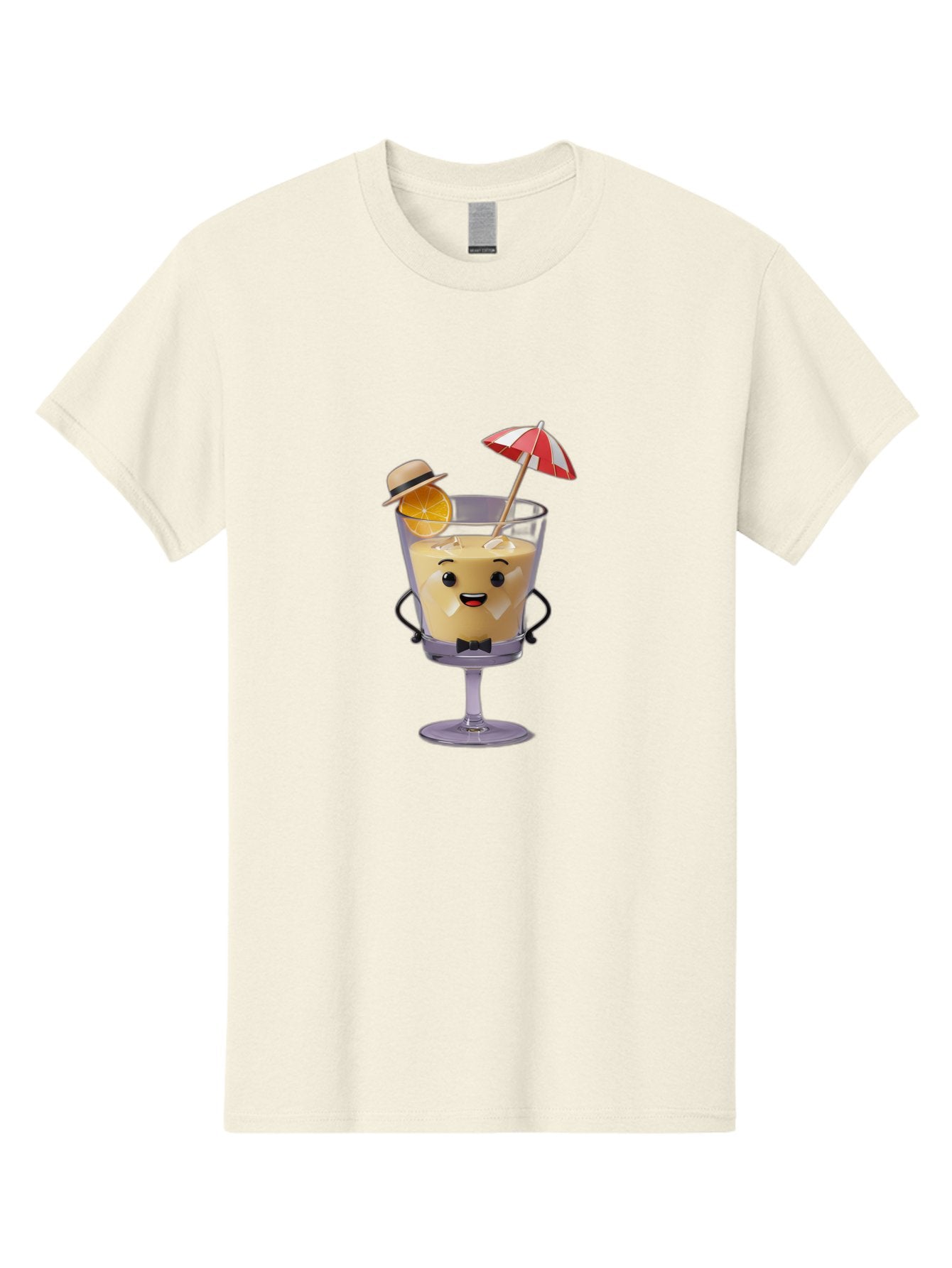 Creamy-Cocktail Men'S Graphic Tee, 100% Cotton, Comfortable Casual Summer Wear, Machine Washable, Fun Cocktail, Orange Slice, Red And White Umbrella, Beige Hat, Smiling Face, Bow Tie, Summer Drink, Refreshing Beverage Bac929