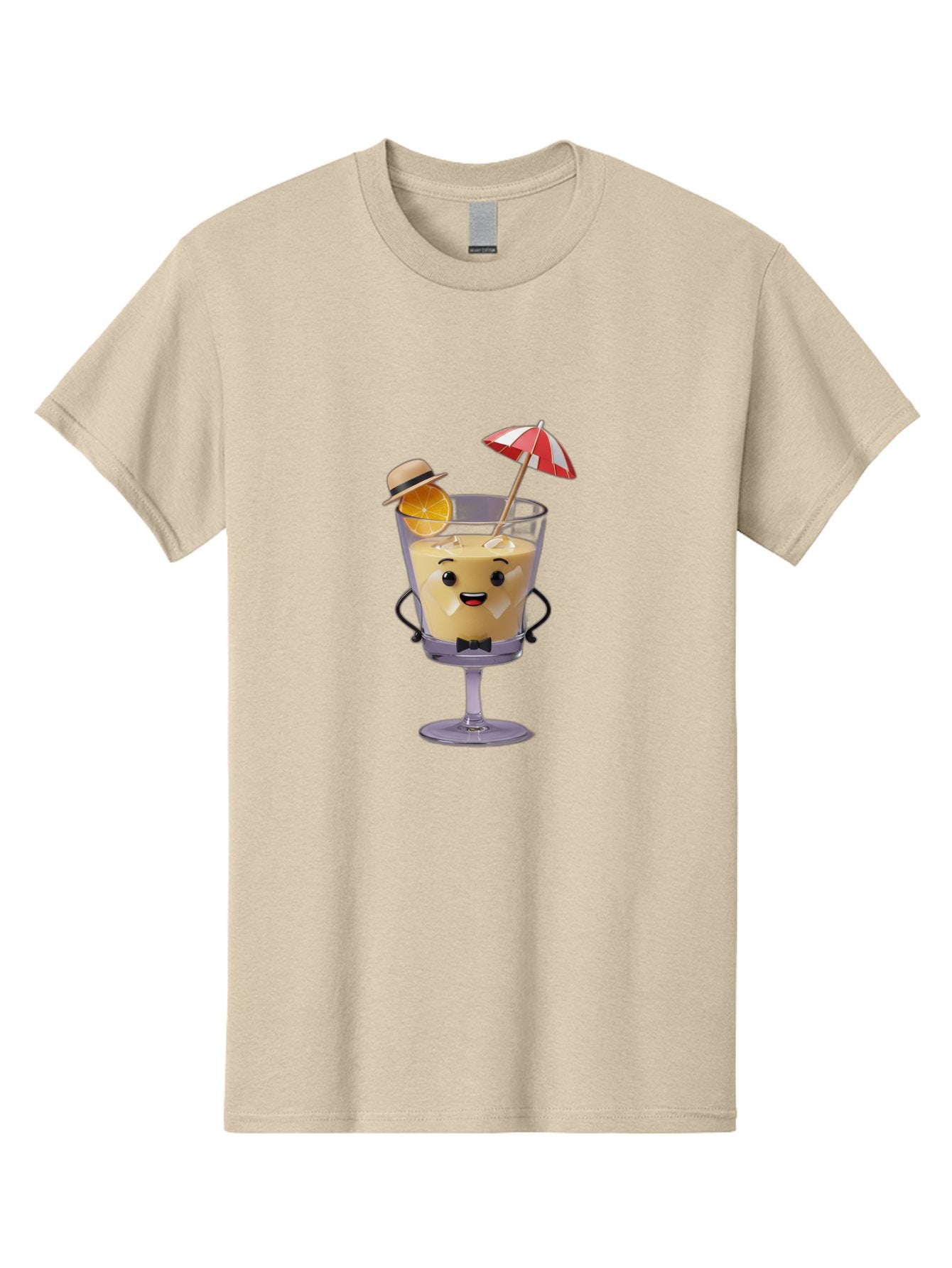 Creamy-Cocktail Men'S Graphic Tee, 100% Cotton, Comfortable Casual Summer Wear, Machine Washable, Fun Cocktail, Orange Slice, Red And White Umbrella, Beige Hat, Smiling Face, Bow Tie, Summer Drink, Refreshing Beverage Bac929 15