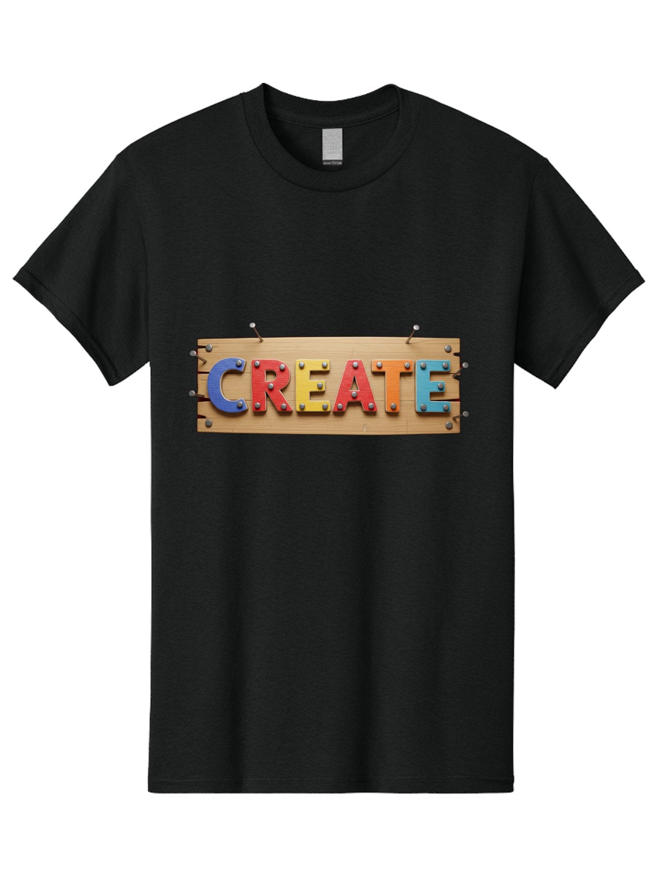 Create Men'S Graphic Tee, 100% Cotton, Comfortable Casual Summer Wear, Machine Washable, Create Sign, Wooden Board, Colorful Letters, Metal Screws, Creative Inspiration, Artistic Expression, Diy Projects, Imagination Sparks, Vibrant Colors Bac930 12