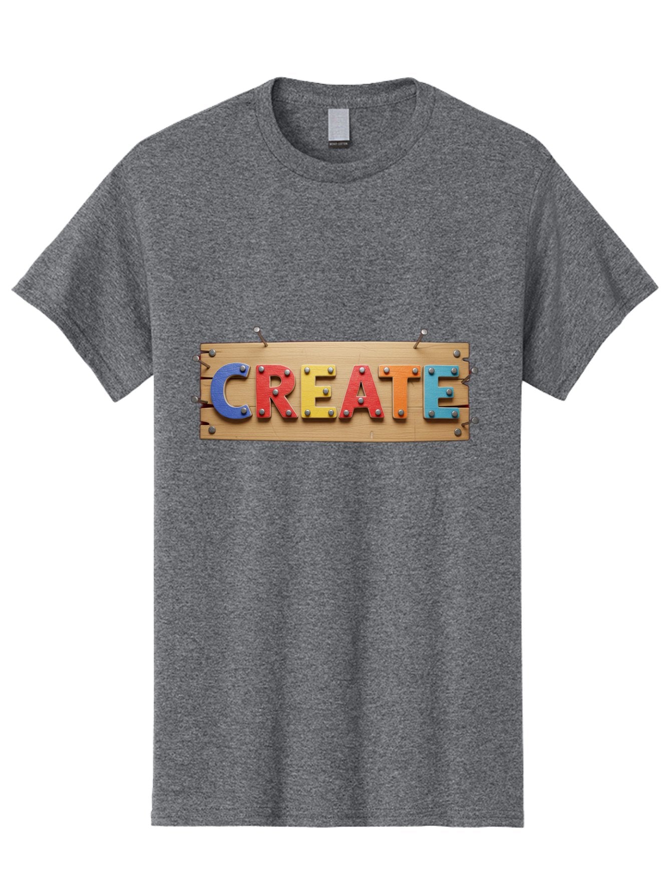 Create Men'S Graphic Tee, 100% Cotton, Comfortable Casual Summer Wear, Machine Washable, Create Sign, Wooden Board, Colorful Letters, Metal Screws, Creative Inspiration, Artistic Expression, Diy Projects, Imagination Sparks, Vibrant Colors Bac930 15