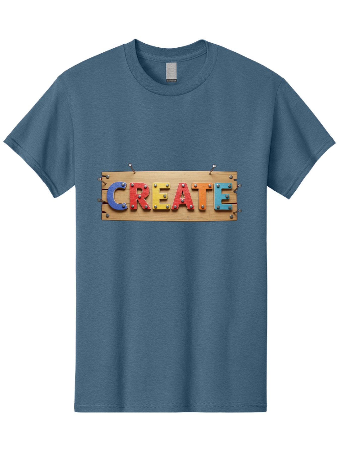 Create Men'S Graphic Tee, 100% Cotton, Comfortable Casual Summer Wear, Machine Washable, Create Sign, Wooden Board, Colorful Letters, Metal Screws, Creative Inspiration, Artistic Expression, Diy Projects, Imagination Sparks, Vibrant Colors Bac930 5