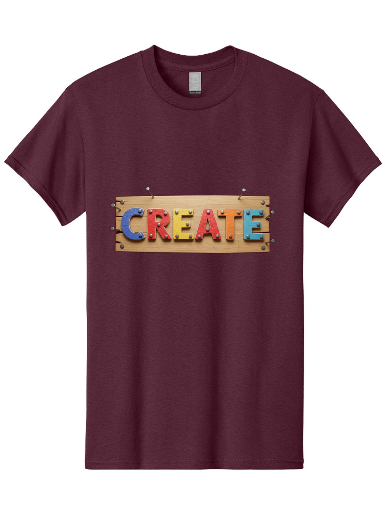 Create Men'S Graphic Tee, 100% Cotton, Comfortable Casual Summer Wear, Machine Washable, Create Sign, Wooden Board, Colorful Letters, Metal Screws, Creative Inspiration, Artistic Expression, Diy Projects, Imagination Sparks, Vibrant Colors Bac930