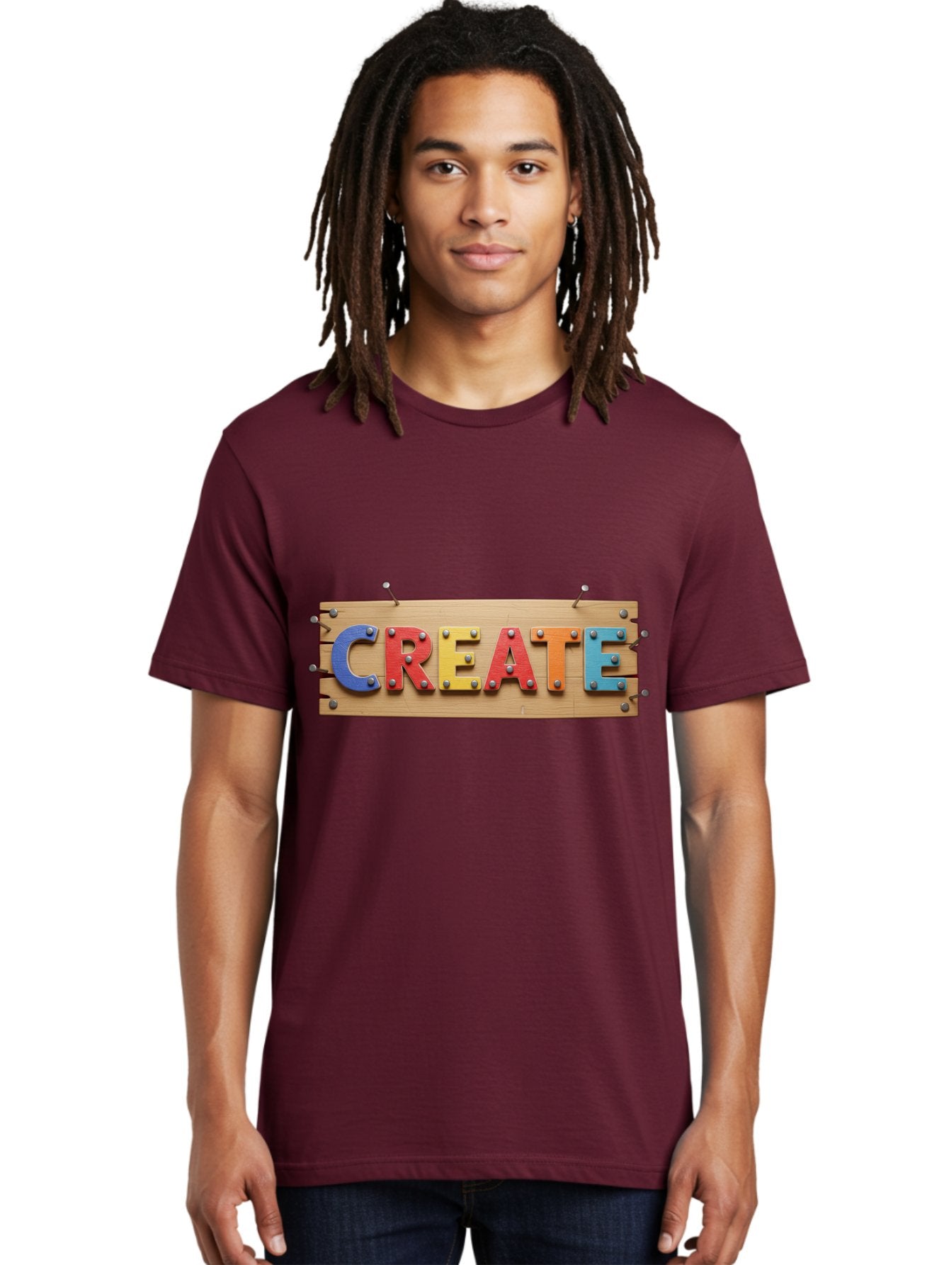 Create Men'S Graphic Tee, 100% Cotton, Comfortable Casual Summer Wear, Machine Washable, Create Sign, Wooden Board, Colorful Letters, Metal Screws, Creative Inspiration, Artistic Expression, Diy Projects, Imagination Sparks, Vibrant Colors Bac930 19