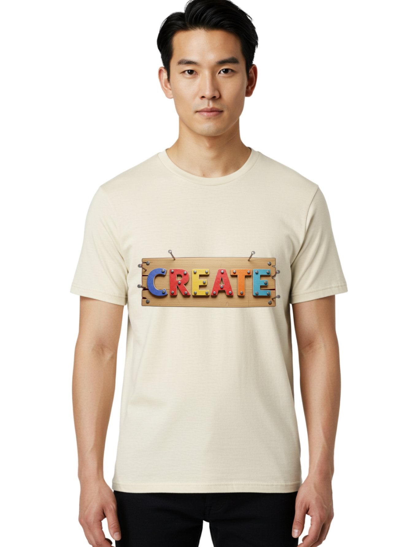 Create Men'S Graphic Tee, 100% Cotton, Comfortable Casual Summer Wear, Machine Washable, Create Sign, Wooden Board, Colorful Letters, Metal Screws, Creative Inspiration, Artistic Expression, Diy Projects, Imagination Sparks, Vibrant Colors Bac930 24