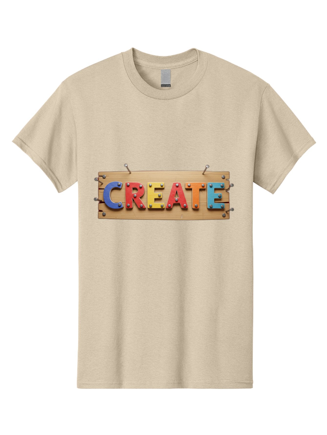 Create Men'S Graphic Tee, 100% Cotton, Comfortable Casual Summer Wear, Machine Washable, Create Sign, Wooden Board, Colorful Letters, Metal Screws, Creative Inspiration, Artistic Expression, Diy Projects, Imagination Sparks, Vibrant Colors Bac930 10