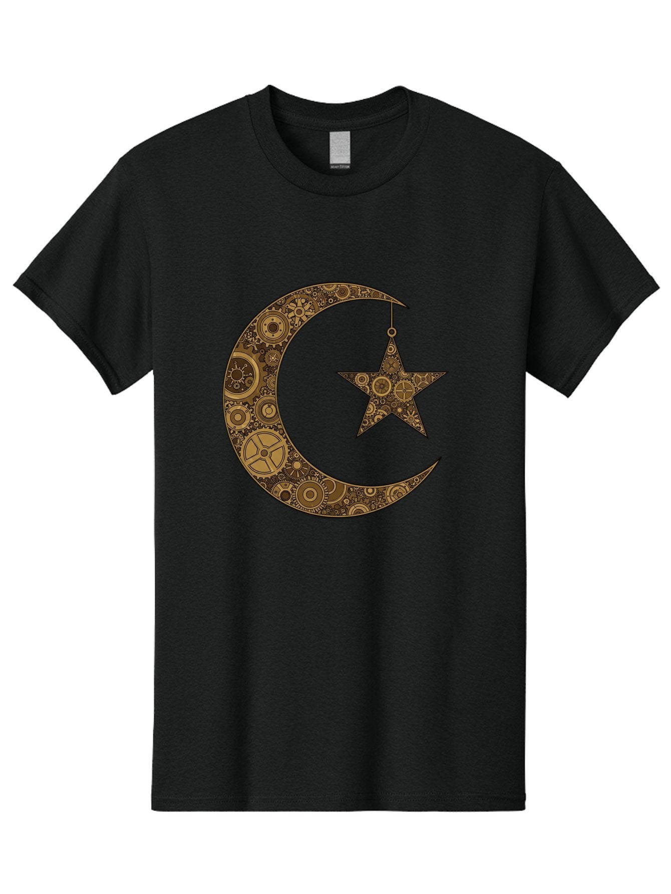 Crescent-Moon-And-Star Men'S Graphic Tee, 100% Cotton, Comfortable Casual Summer Wear, Machine Washable, Crescent Moon Symbol, Hanging Star, Intricate Gears, Mechanical Design, Steampunk Elements, Islamic Symbols, Ornate Details, Bac931