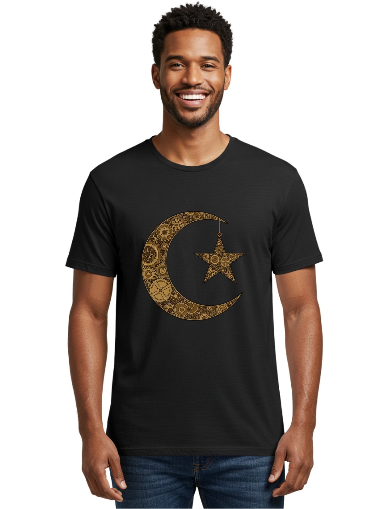 Crescent-Moon-And-Star Men'S Graphic Tee, 100% Cotton, Comfortable Casual Summer Wear, Machine Washable, Crescent Moon Symbol, Hanging Star, Intricate Gears, Mechanical Design, Steampunk Elements, Islamic Symbols, Ornate Details, Bac931 21