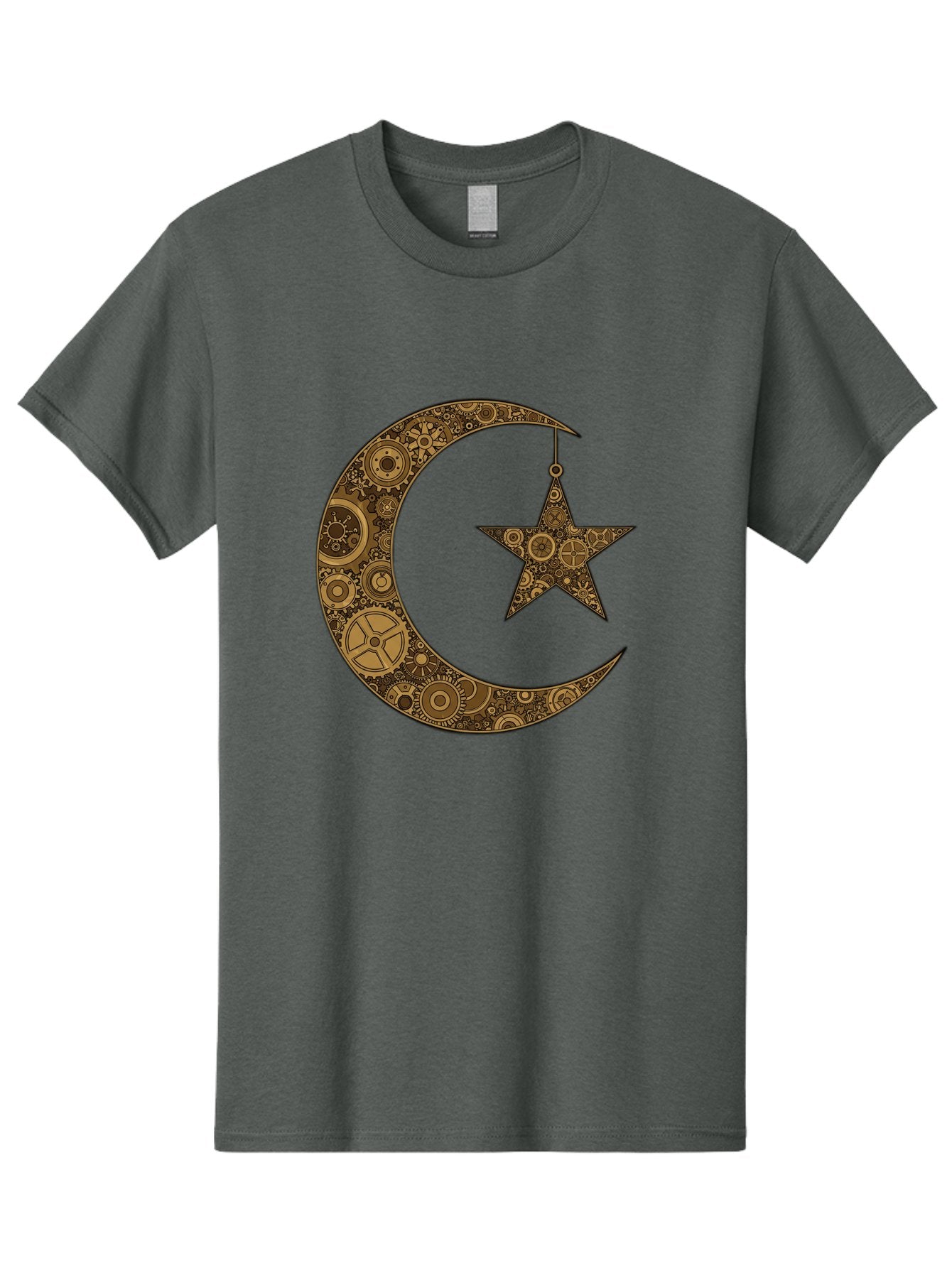 Crescent-Moon-And-Star Men'S Graphic Tee, 100% Cotton, Comfortable Casual Summer Wear, Machine Washable, Crescent Moon Symbol, Hanging Star, Intricate Gears, Mechanical Design, Steampunk Elements, Islamic Symbols, Ornate Details, Bac931 8