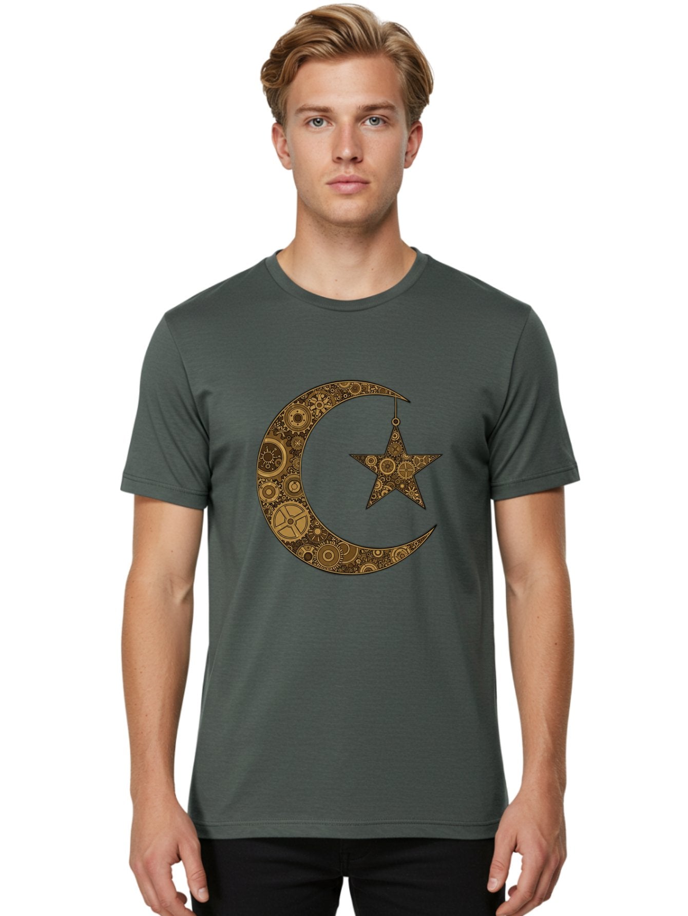 Crescent-Moon-And-Star Men'S Graphic Tee, 100% Cotton, Comfortable Casual Summer Wear, Machine Washable, Crescent Moon Symbol, Hanging Star, Intricate Gears, Mechanical Design, Steampunk Elements, Islamic Symbols, Ornate Details, Bac931 25