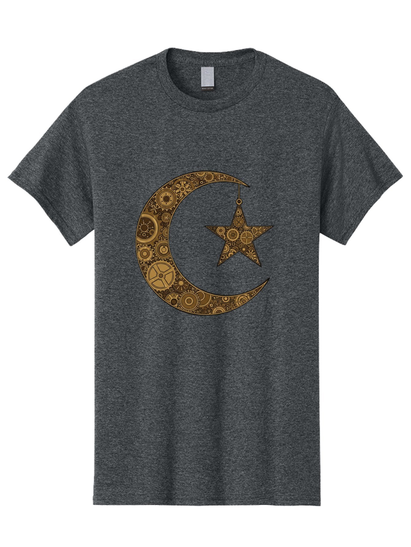 Crescent-Moon-And-Star Men'S Graphic Tee, 100% Cotton, Comfortable Casual Summer Wear, Machine Washable, Crescent Moon Symbol, Hanging Star, Intricate Gears, Mechanical Design, Steampunk Elements, Islamic Symbols, Ornate Details, Bac931 14