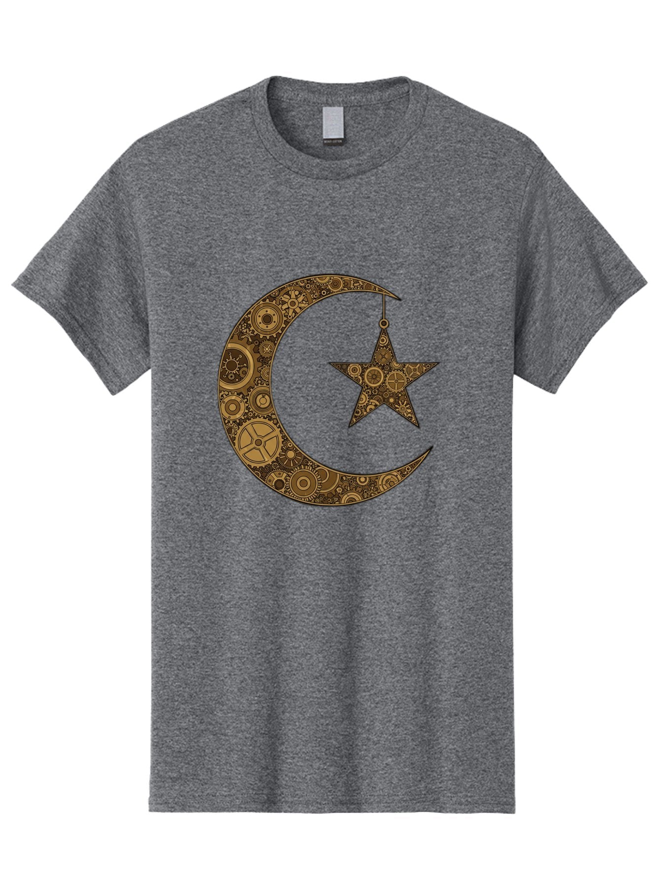 Crescent-Moon-And-Star Men'S Graphic Tee, 100% Cotton, Comfortable Casual Summer Wear, Machine Washable, Crescent Moon Symbol, Hanging Star, Intricate Gears, Mechanical Design, Steampunk Elements, Islamic Symbols, Ornate Details, Bac931 15