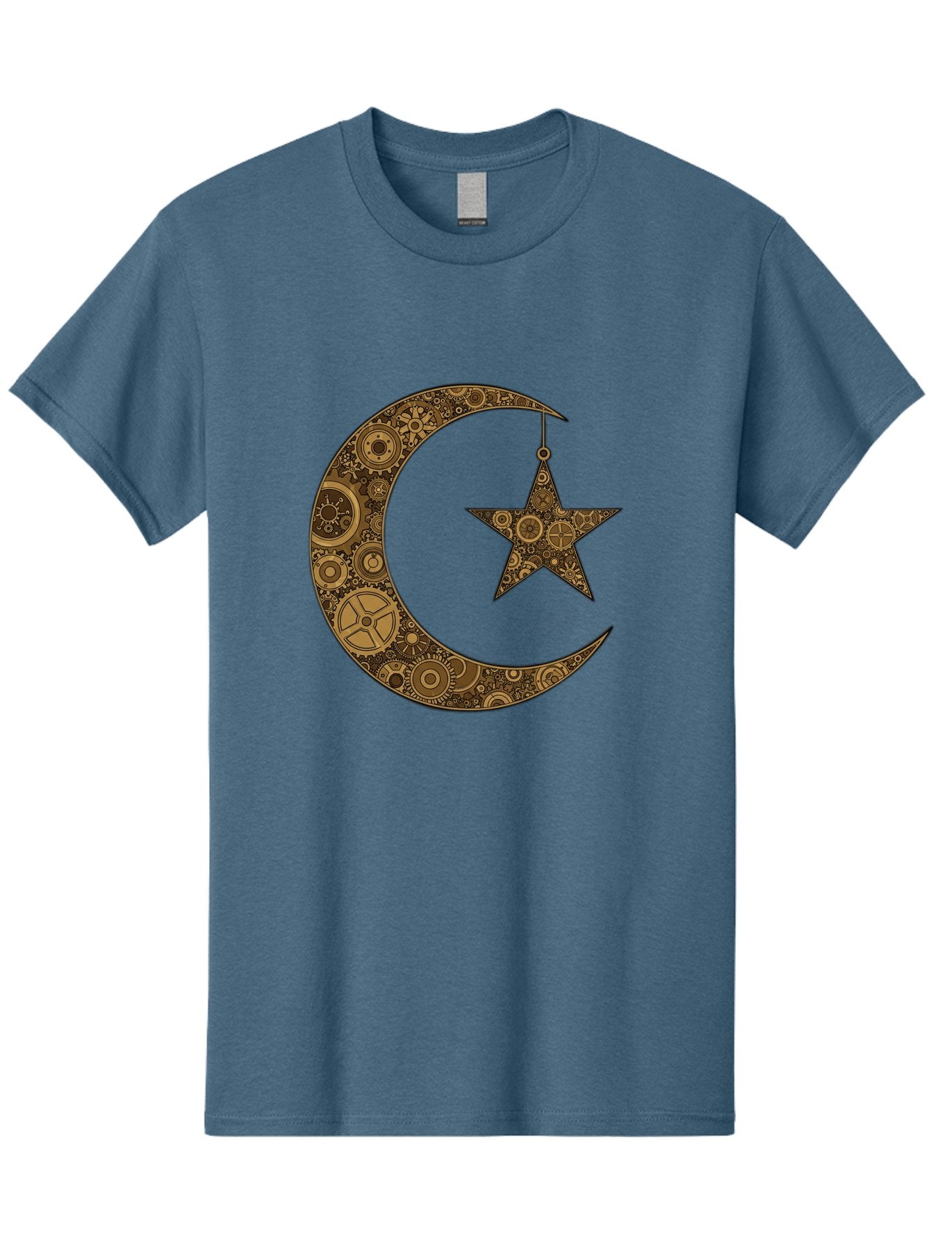 Crescent-Moon-And-Star Men'S Graphic Tee, 100% Cotton, Comfortable Casual Summer Wear, Machine Washable, Crescent Moon Symbol, Hanging Star, Intricate Gears, Mechanical Design, Steampunk Elements, Islamic Symbols, Ornate Details, Bac931 3