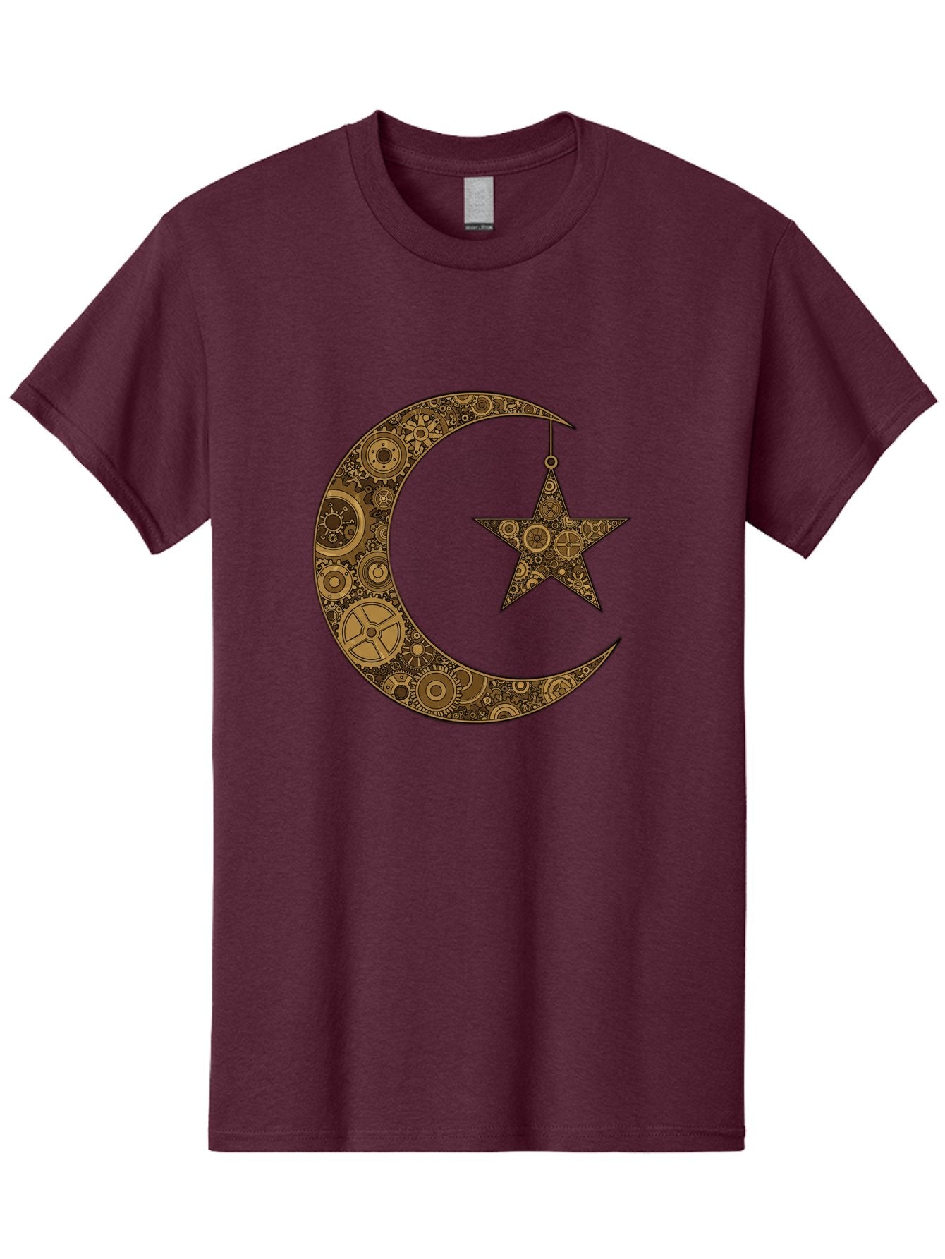 Crescent-Moon-And-Star Men'S Graphic Tee, 100% Cotton, Comfortable Casual Summer Wear, Machine Washable, Crescent Moon Symbol, Hanging Star, Intricate Gears, Mechanical Design, Steampunk Elements, Islamic Symbols, Ornate Details, Bac931 4