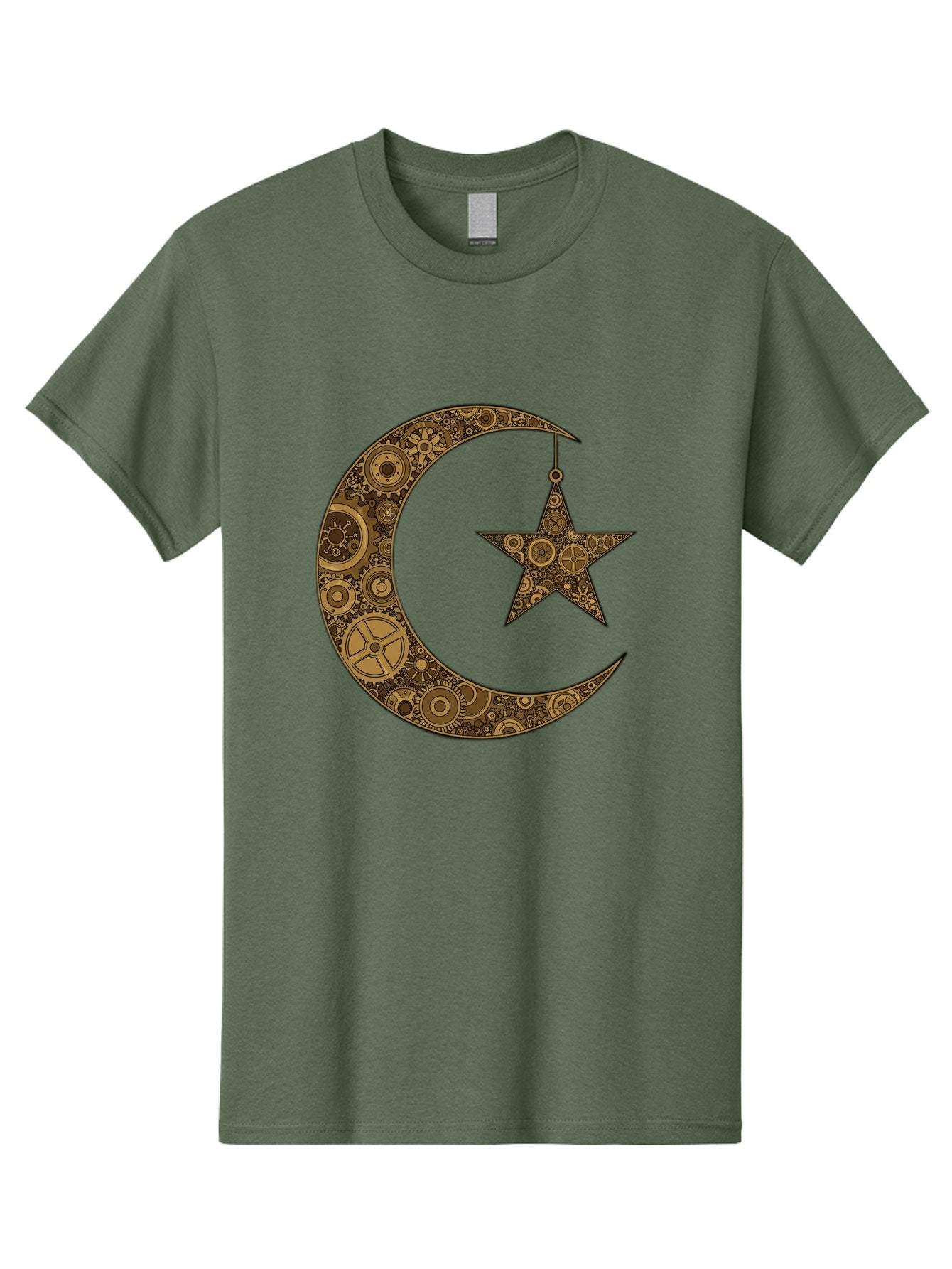 Crescent-Moon-And-Star Men'S Graphic Tee, 100% Cotton, Comfortable Casual Summer Wear, Machine Washable, Crescent Moon Symbol, Hanging Star, Intricate Gears, Mechanical Design, Steampunk Elements, Islamic Symbols, Ornate Details, Bac931 9