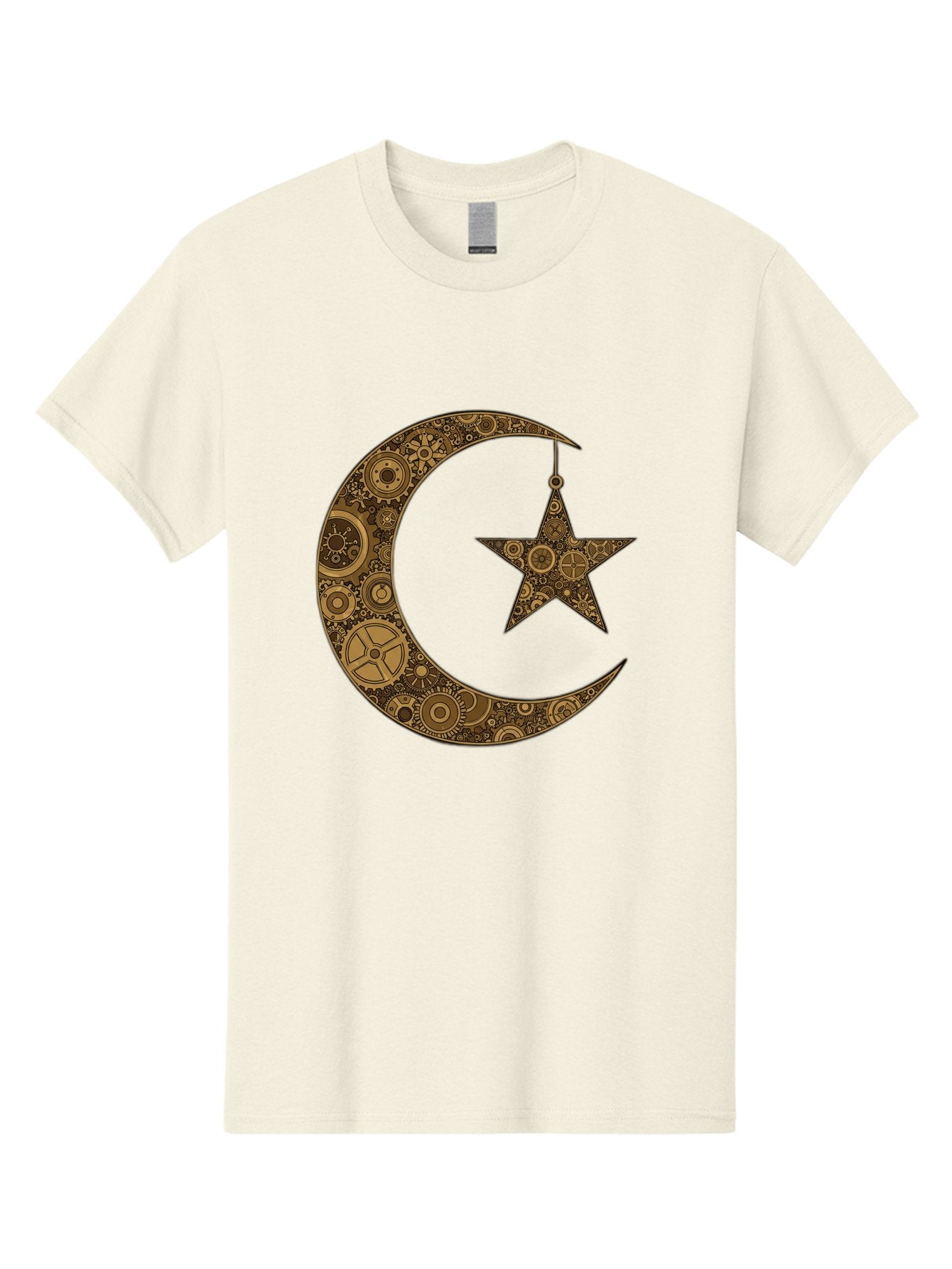 Crescent-Moon-And-Star Men'S Graphic Tee, 100% Cotton, Comfortable Casual Summer Wear, Machine Washable, Crescent Moon Symbol, Hanging Star, Intricate Gears, Mechanical Design, Steampunk Elements, Islamic Symbols, Ornate Details, Bac931 13