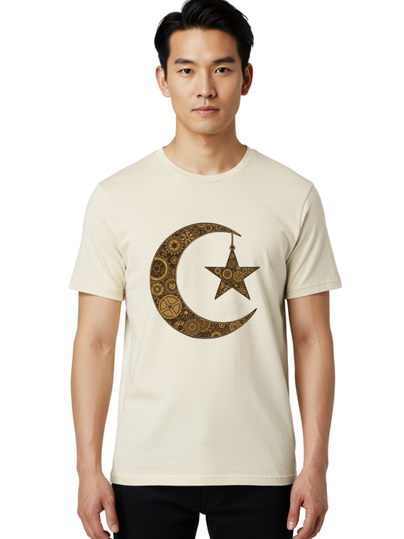 Crescent-Moon-And-Star Men'S Graphic Tee, 100% Cotton, Comfortable Casual Summer Wear, Machine Washable, Crescent Moon Symbol, Hanging Star, Intricate Gears, Mechanical Design, Steampunk Elements, Islamic Symbols, Ornate Details, Bac931 20