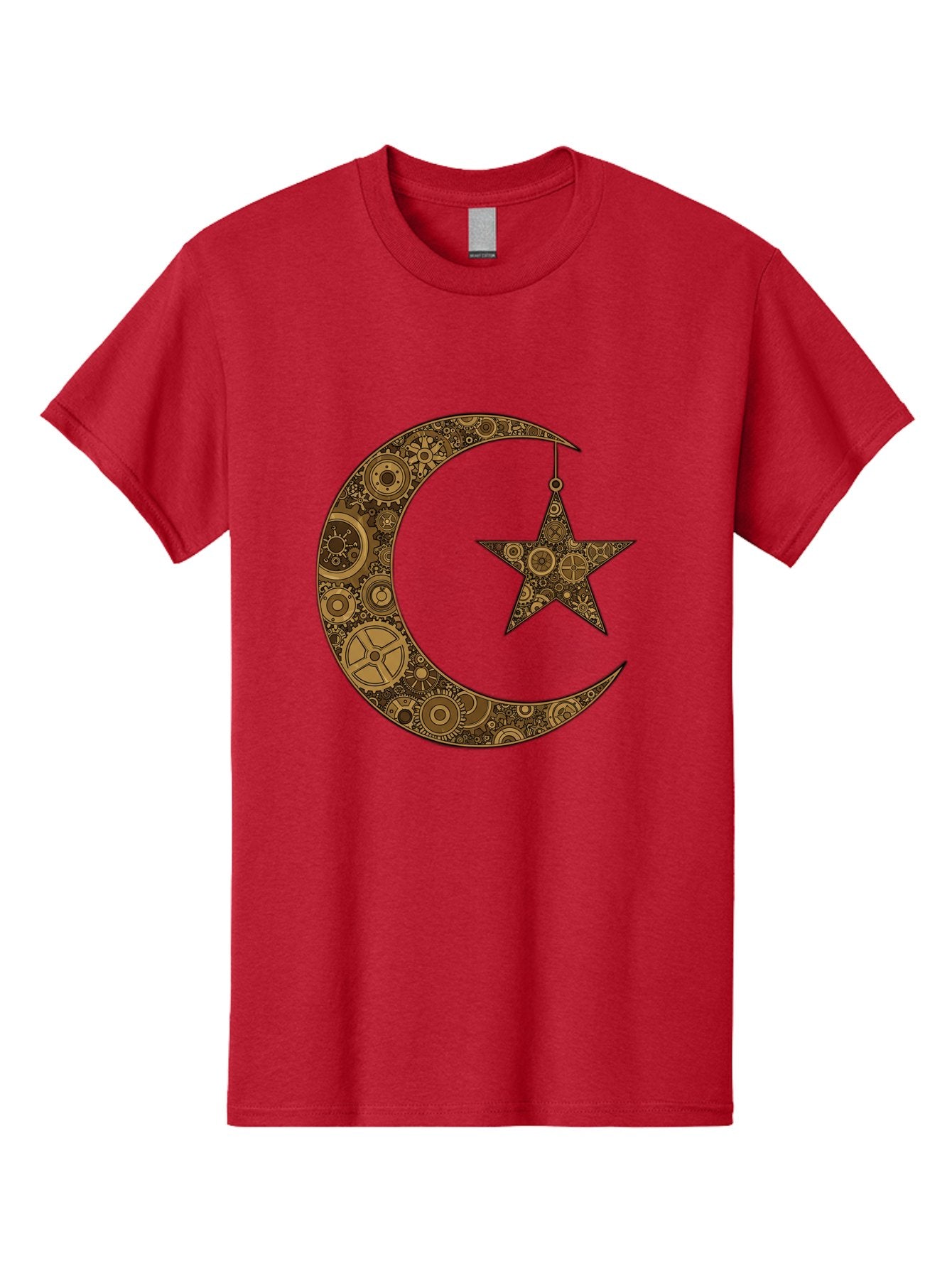 Crescent-Moon-And-Star Men'S Graphic Tee, 100% Cotton, Comfortable Casual Summer Wear, Machine Washable, Crescent Moon Symbol, Hanging Star, Intricate Gears, Mechanical Design, Steampunk Elements, Islamic Symbols, Ornate Details, Bac931 6
