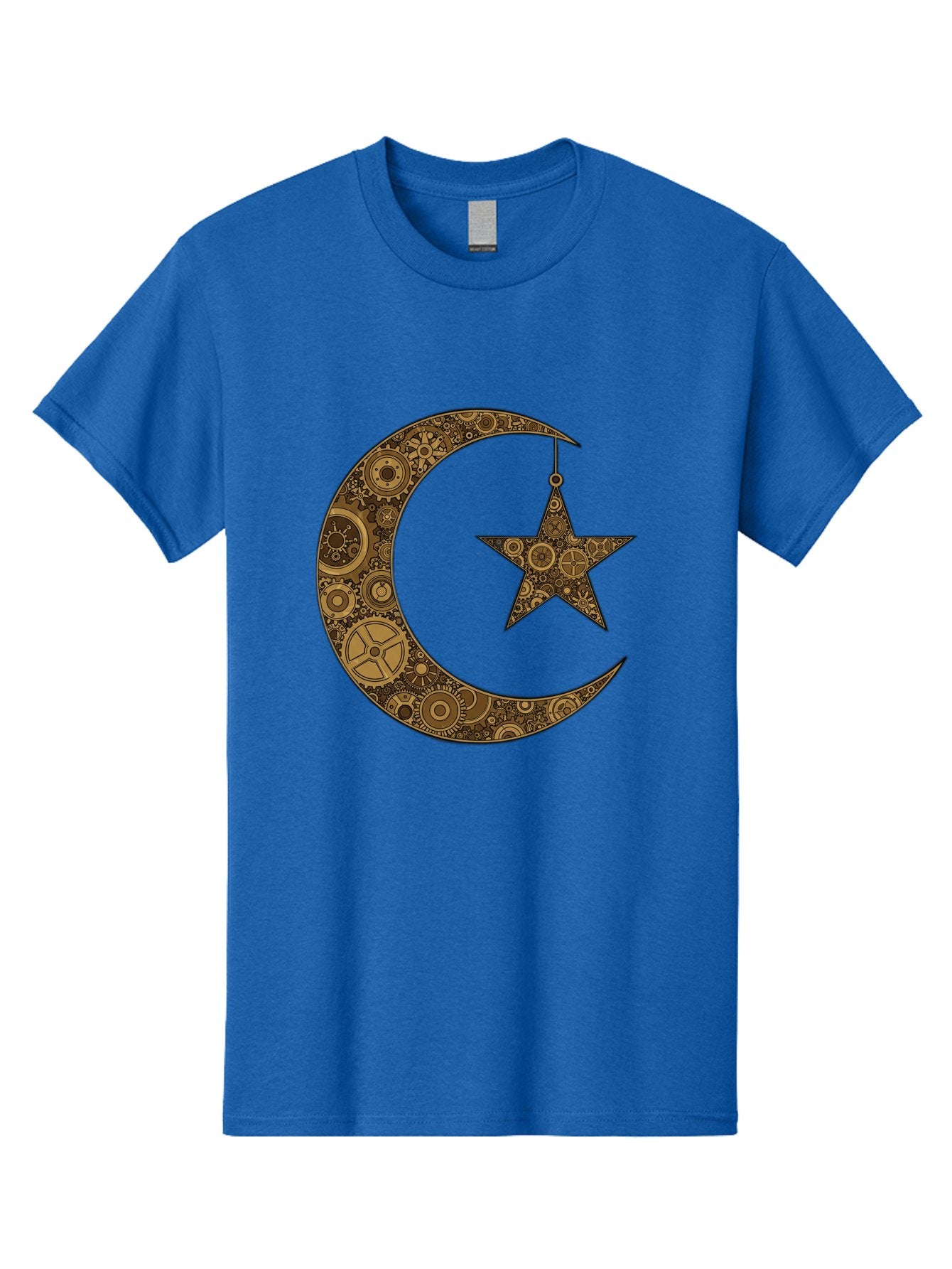 Crescent-Moon-And-Star Men'S Graphic Tee, 100% Cotton, Comfortable Casual Summer Wear, Machine Washable, Crescent Moon Symbol, Hanging Star, Intricate Gears, Mechanical Design, Steampunk Elements, Islamic Symbols, Ornate Details, Bac931 11