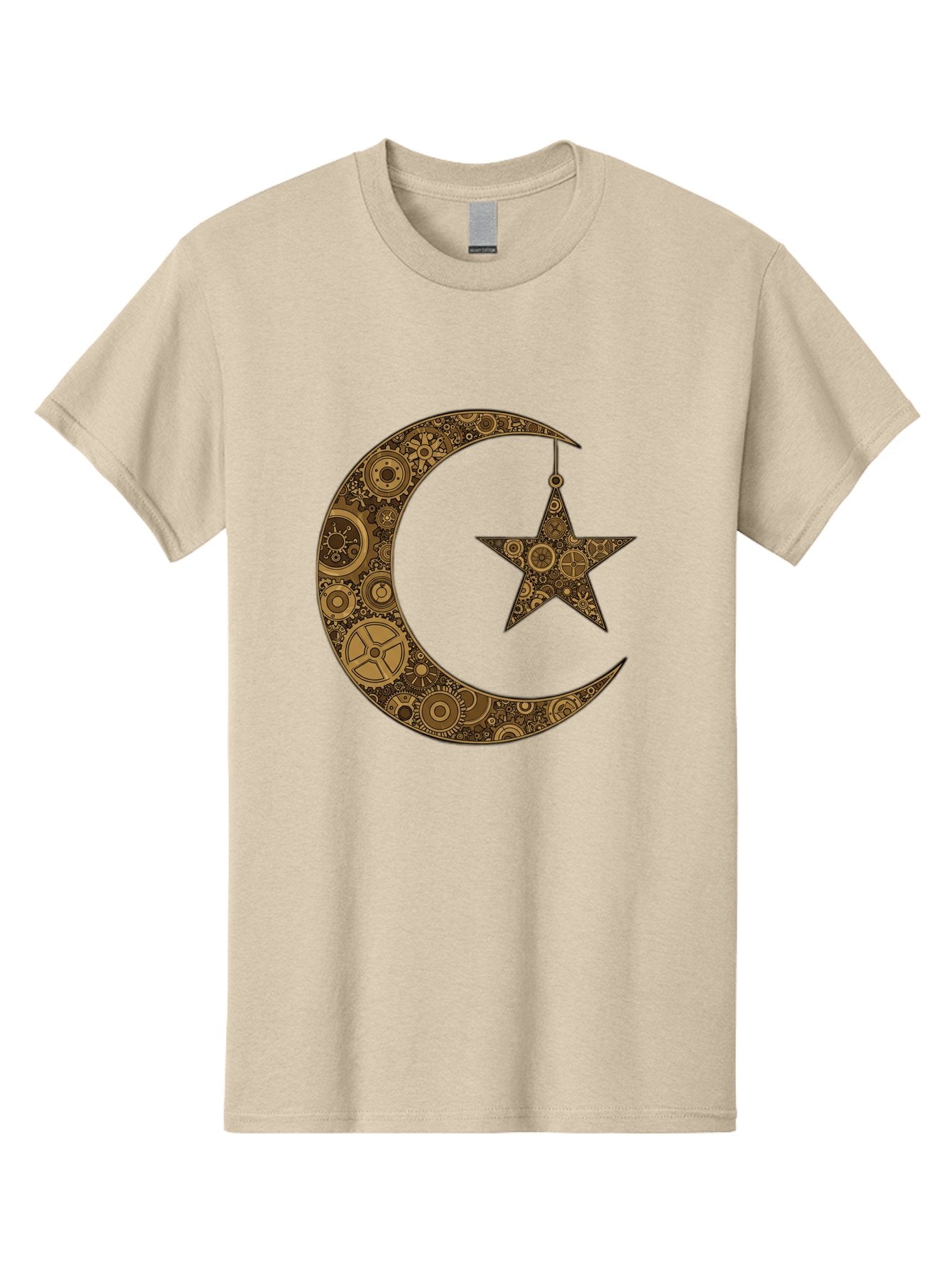 Crescent-Moon-And-Star Men'S Graphic Tee, 100% Cotton, Comfortable Casual Summer Wear, Machine Washable, Crescent Moon Symbol, Hanging Star, Intricate Gears, Mechanical Design, Steampunk Elements, Islamic Symbols, Ornate Details, Bac931
