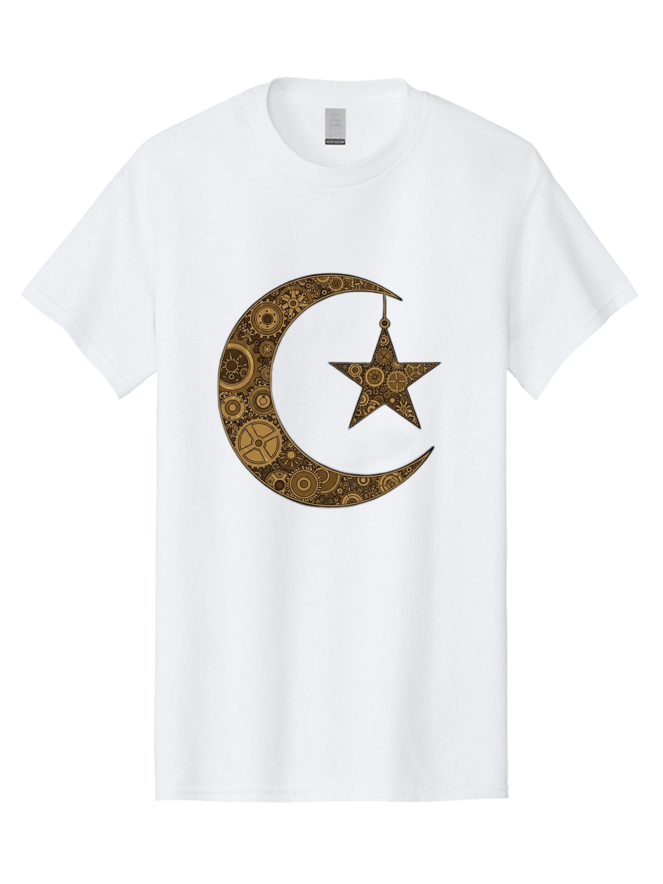 Crescent-Moon-And-Star Men'S Graphic Tee, 100% Cotton, Comfortable Casual Summer Wear, Machine Washable, Crescent Moon Symbol, Hanging Star, Intricate Gears, Mechanical Design, Steampunk Elements, Islamic Symbols, Ornate Details, Bac931 7