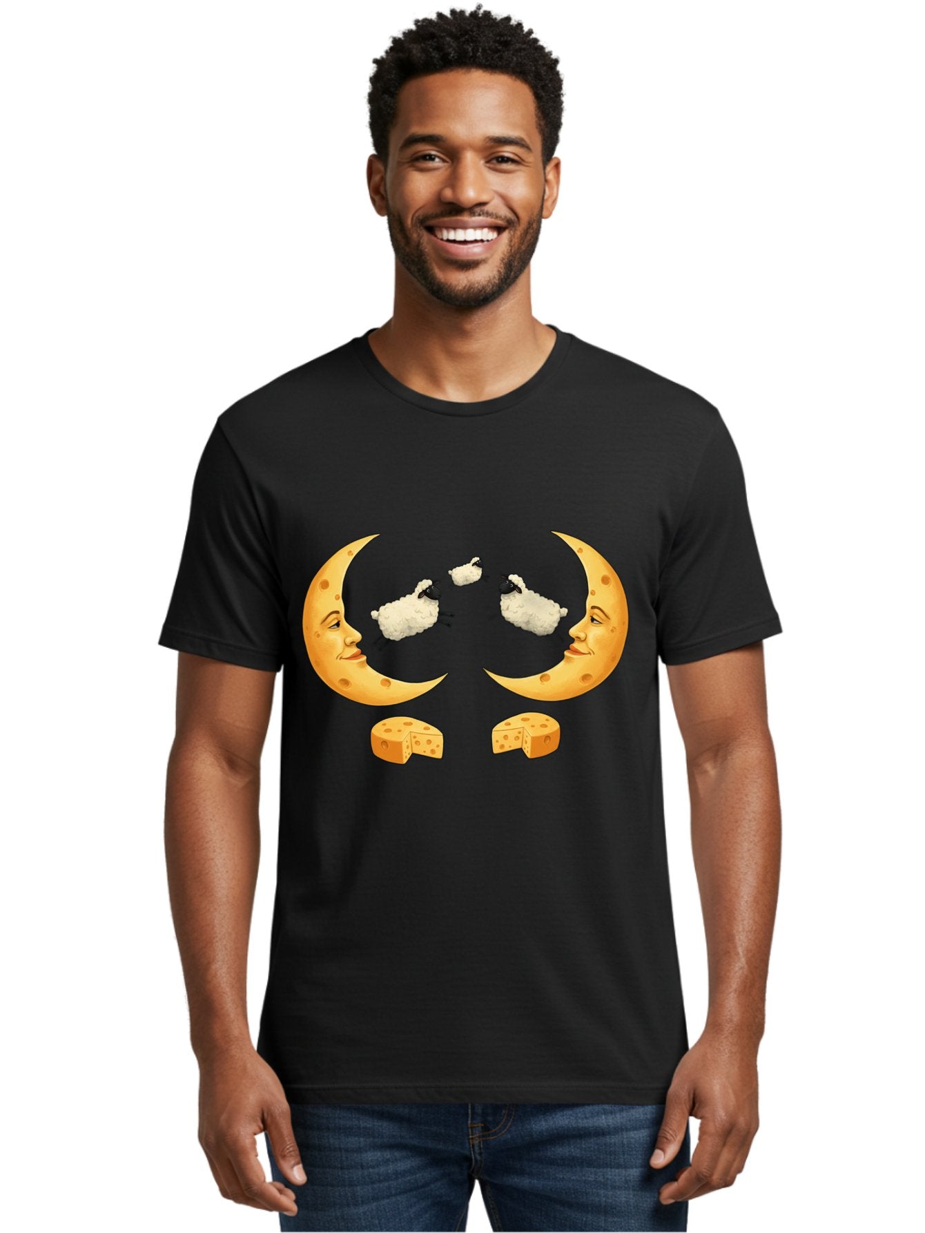 Crescent-Moon-Faces-With-Sheep-And-Cheese Men'S Graphic Tee, 100% Cotton, Comfortable Casual Summer Wear, Machine Washable, Sheep Jumping Over Cheese, Cheese Crescent Moon, Smiling Faces, Whimsical Illustration, Dairy Products, Moonlit Scene, Bac932 17