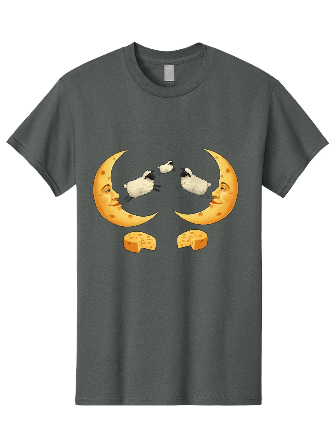 Crescent-Moon-Faces-With-Sheep-And-Cheese Men'S Graphic Tee, 100% Cotton, Comfortable Casual Summer Wear, Machine Washable, Sheep Jumping Over Cheese, Cheese Crescent Moon, Smiling Faces, Whimsical Illustration, Dairy Products, Moonlit Scene, Bac932 13