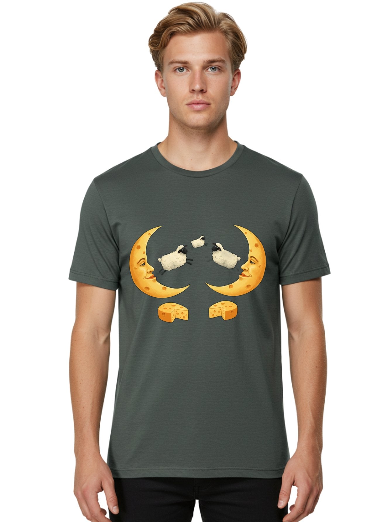 Crescent-Moon-Faces-With-Sheep-And-Cheese Men'S Graphic Tee, 100% Cotton, Comfortable Casual Summer Wear, Machine Washable, Sheep Jumping Over Cheese, Cheese Crescent Moon, Smiling Faces, Whimsical Illustration, Dairy Products, Moonlit Scene, Bac932 20