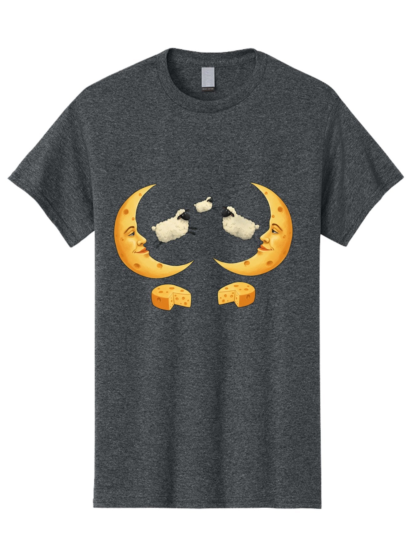 Crescent-Moon-Faces-With-Sheep-And-Cheese Men'S Graphic Tee, 100% Cotton, Comfortable Casual Summer Wear, Machine Washable, Sheep Jumping Over Cheese, Cheese Crescent Moon, Smiling Faces, Whimsical Illustration, Dairy Products, Moonlit Scene, Bac932 4