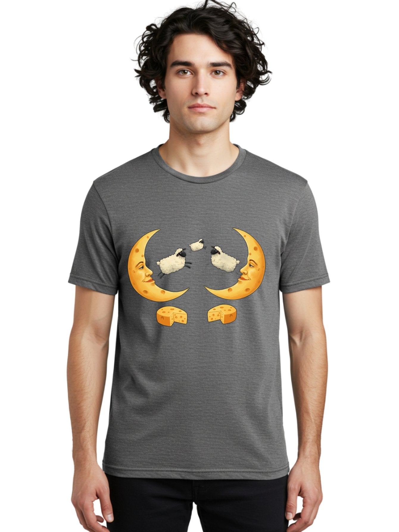 Crescent-Moon-Faces-With-Sheep-And-Cheese Men'S Graphic Tee, 100% Cotton, Comfortable Casual Summer Wear, Machine Washable, Sheep Jumping Over Cheese, Cheese Crescent Moon, Smiling Faces, Whimsical Illustration, Dairy Products, Moonlit Scene, Bac932 19