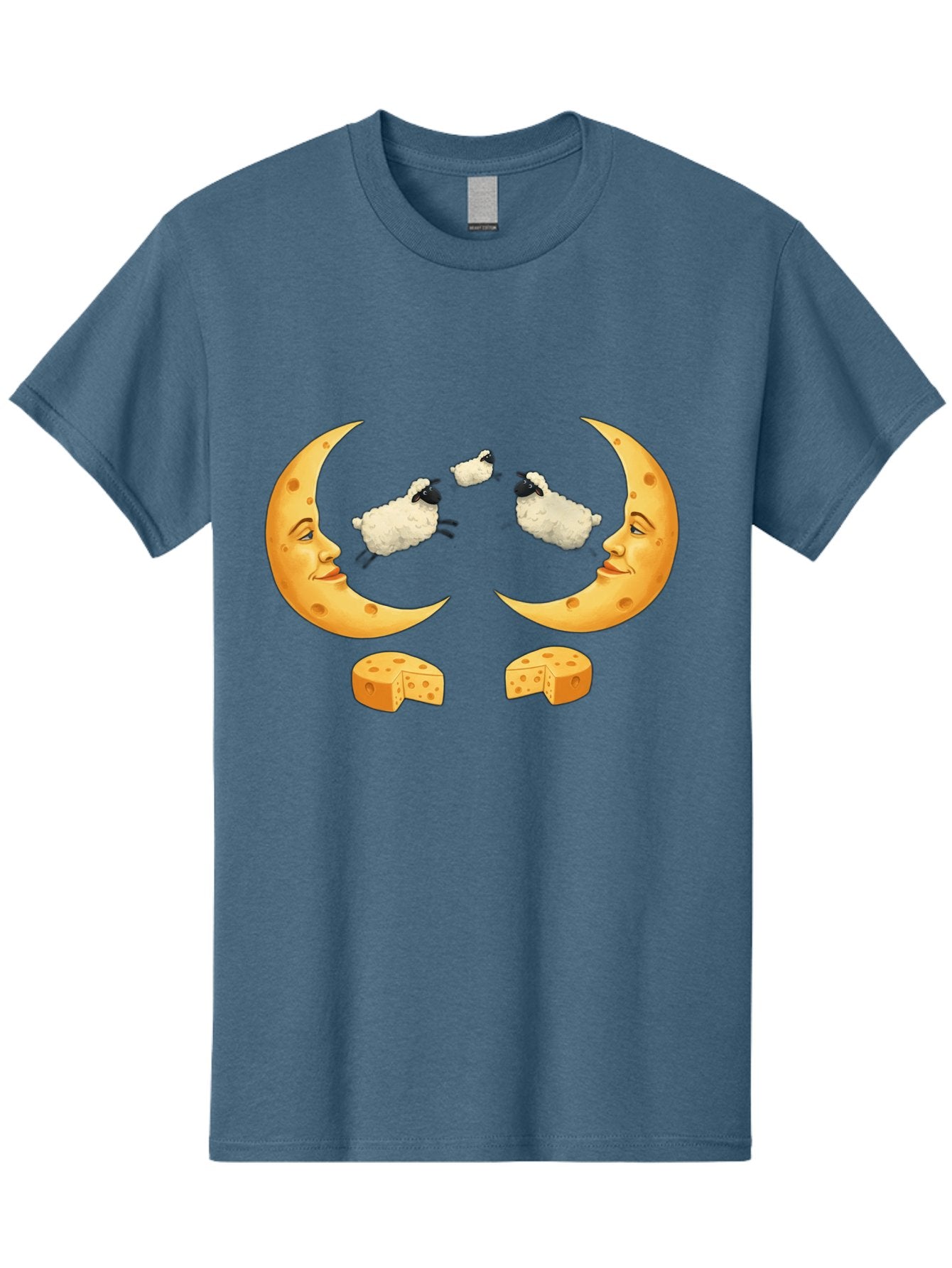 Crescent-Moon-Faces-With-Sheep-And-Cheese Men'S Graphic Tee, 100% Cotton, Comfortable Casual Summer Wear, Machine Washable, Sheep Jumping Over Cheese, Cheese Crescent Moon, Smiling Faces, Whimsical Illustration, Dairy Products, Moonlit Scene, Bac932 14