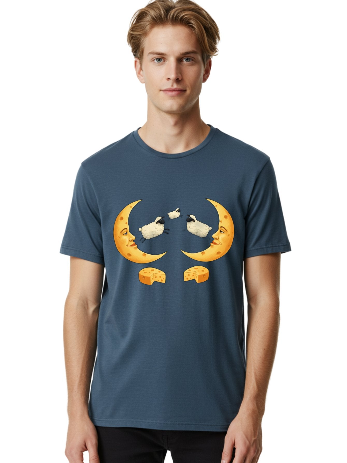 Crescent-Moon-Faces-With-Sheep-And-Cheese Men'S Graphic Tee, 100% Cotton, Comfortable Casual Summer Wear, Machine Washable, Sheep Jumping Over Cheese, Cheese Crescent Moon, Smiling Faces, Whimsical Illustration, Dairy Products, Moonlit Scene, Bac932 29